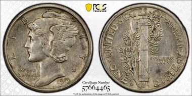 1919-D 10C AU55