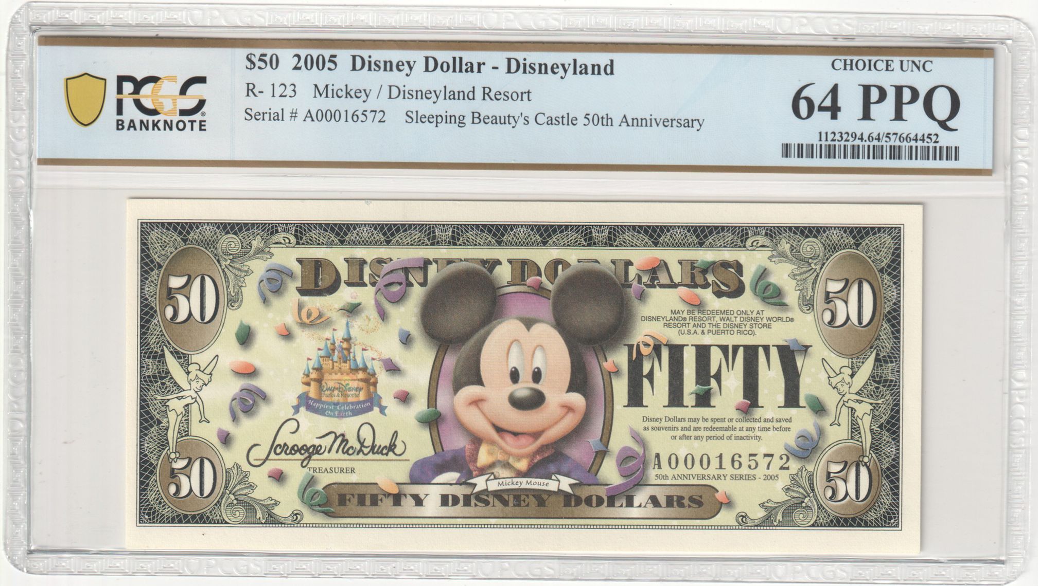 2005 R-123 $50 Disney Dollar Mickey/Disneyland Resort 50th Anniversary PCGS Graded 63PPQ