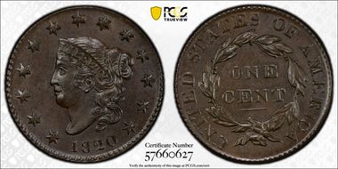 1820 1C N-5, Small Date MS64BN