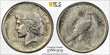 1921 $1 High Relief, Peace MS62