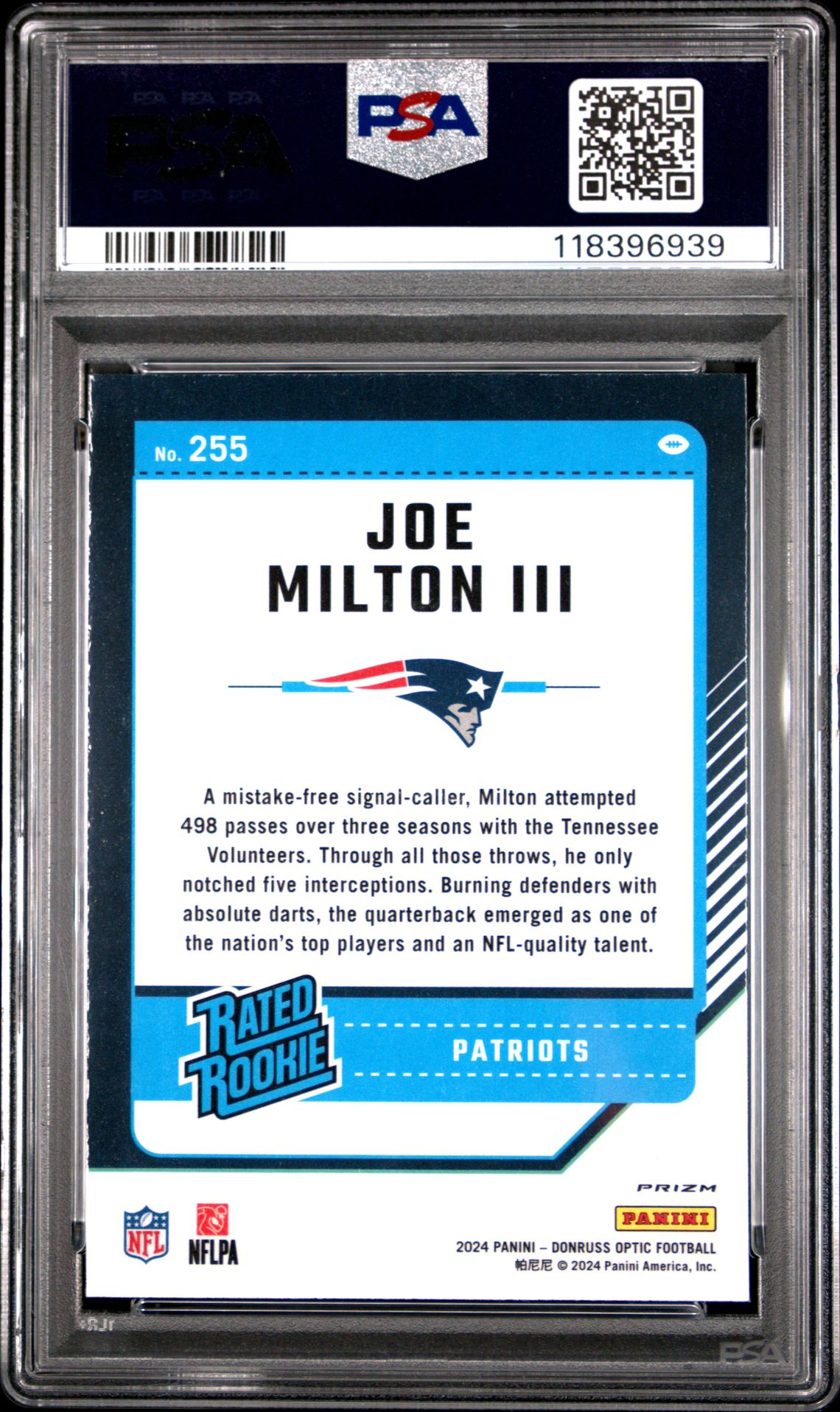 2024 Panini Donruss Optic Joe Milton Iii #255 (Purple Shock) Mint 9 back