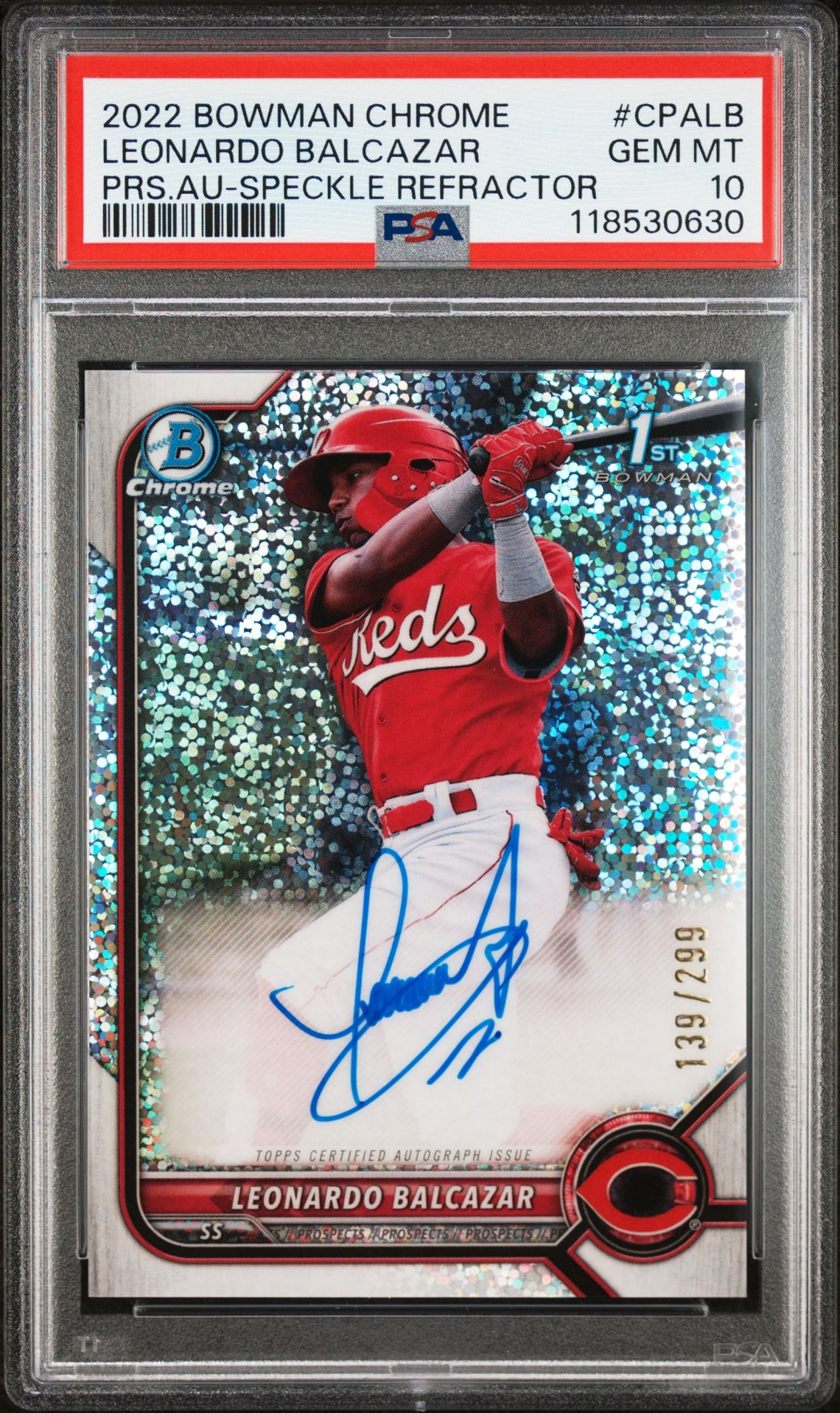 2022 Bowman BOWMAN CHROME PROSPECT AUTOGRAPHS PRS.AU-SPECKLE REFRACTOR #CPALB Leonardo Balcazar front