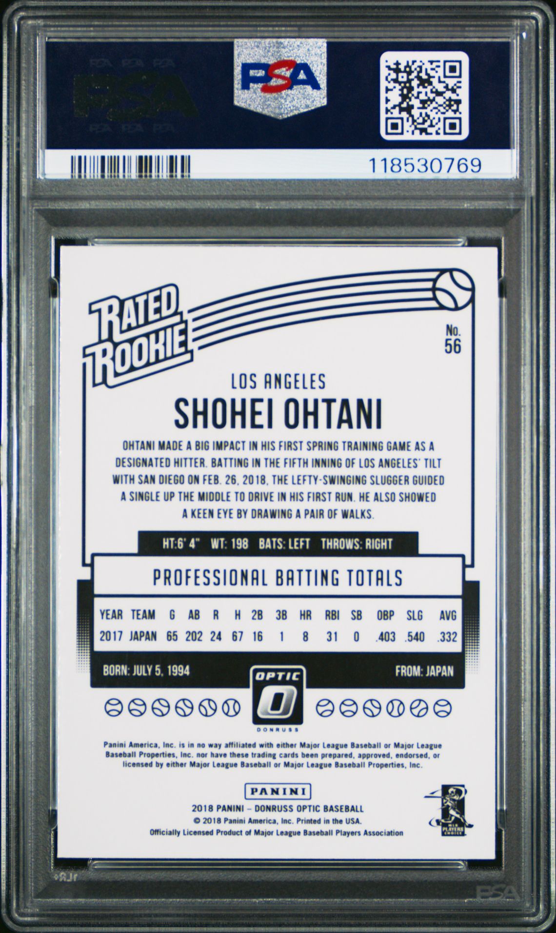 2018 Panini Donruss Optic Shohei Ohtani #56 Gem Mt 10 back