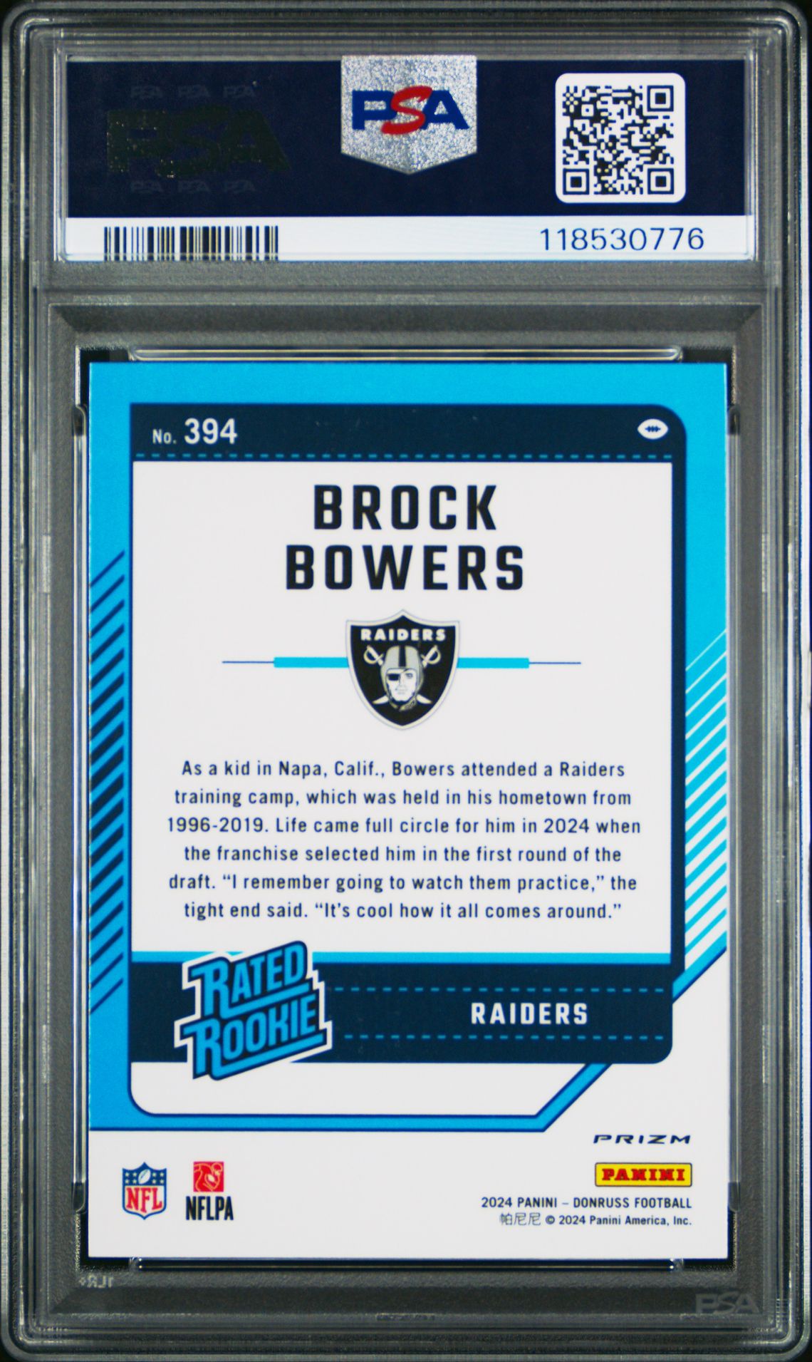 2024 Panini Donruss Brock Bowers #394 (Optic Preview-Pink) Gem Mt 10 back