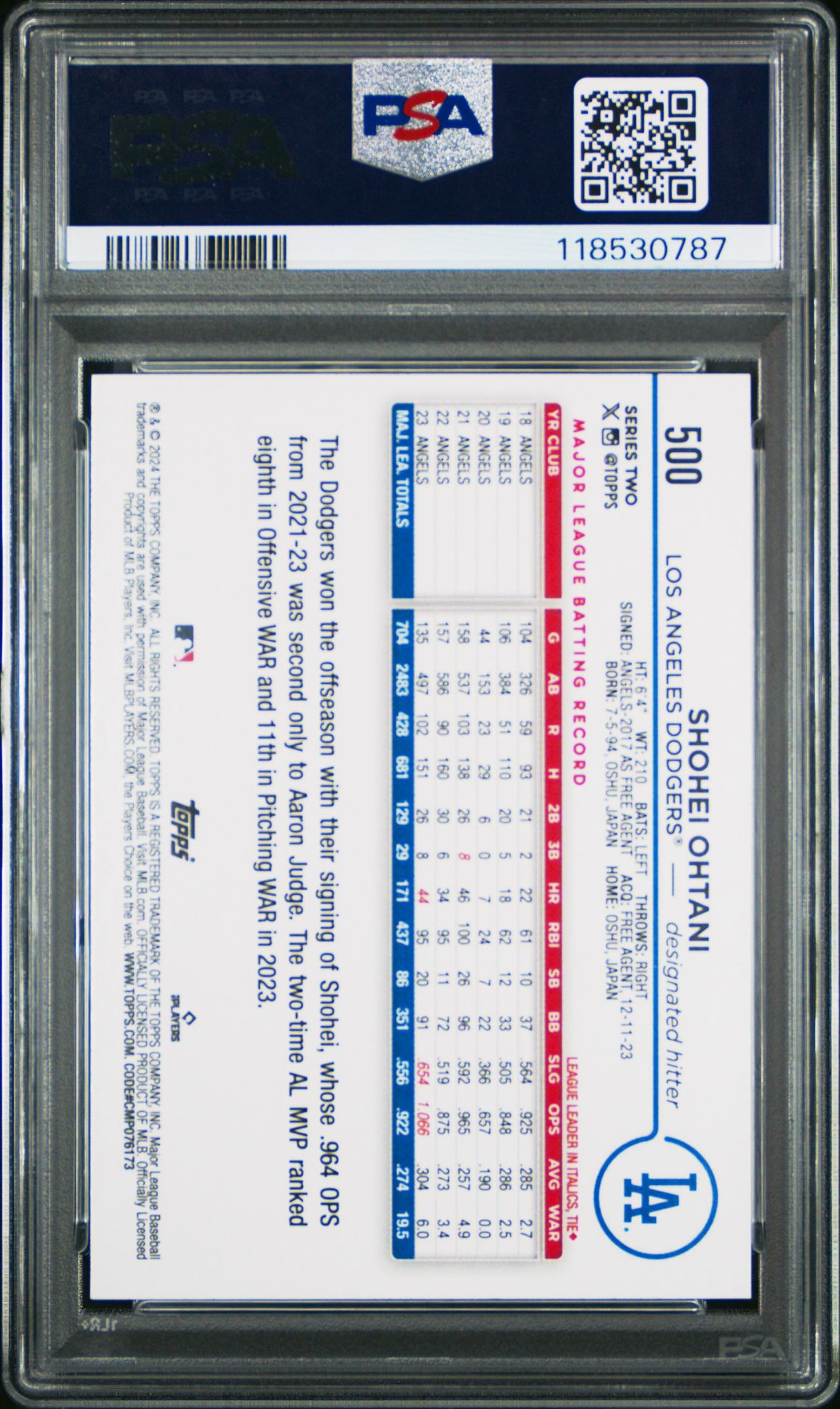 2024 Topps Shohei Ohtani #500 (Gold Foil) Gem Mt 10 back