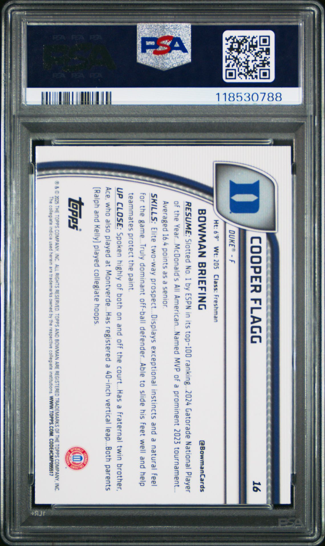 2024 Bowman Chrome University Cooper Flagg #16 (Black Wave) Gem Mt 10 back