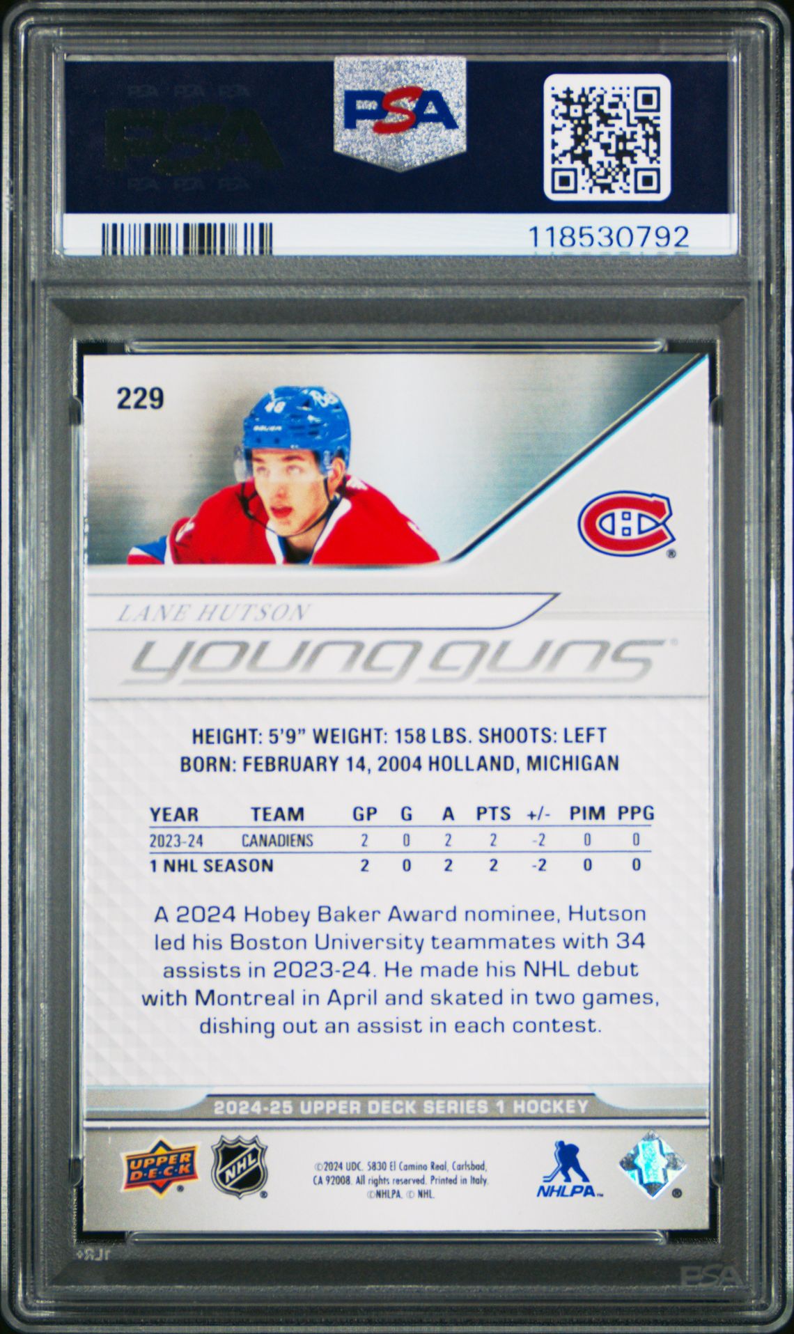 2024 Upper Deck Lane Hutson #229 Gem Mt 10 back