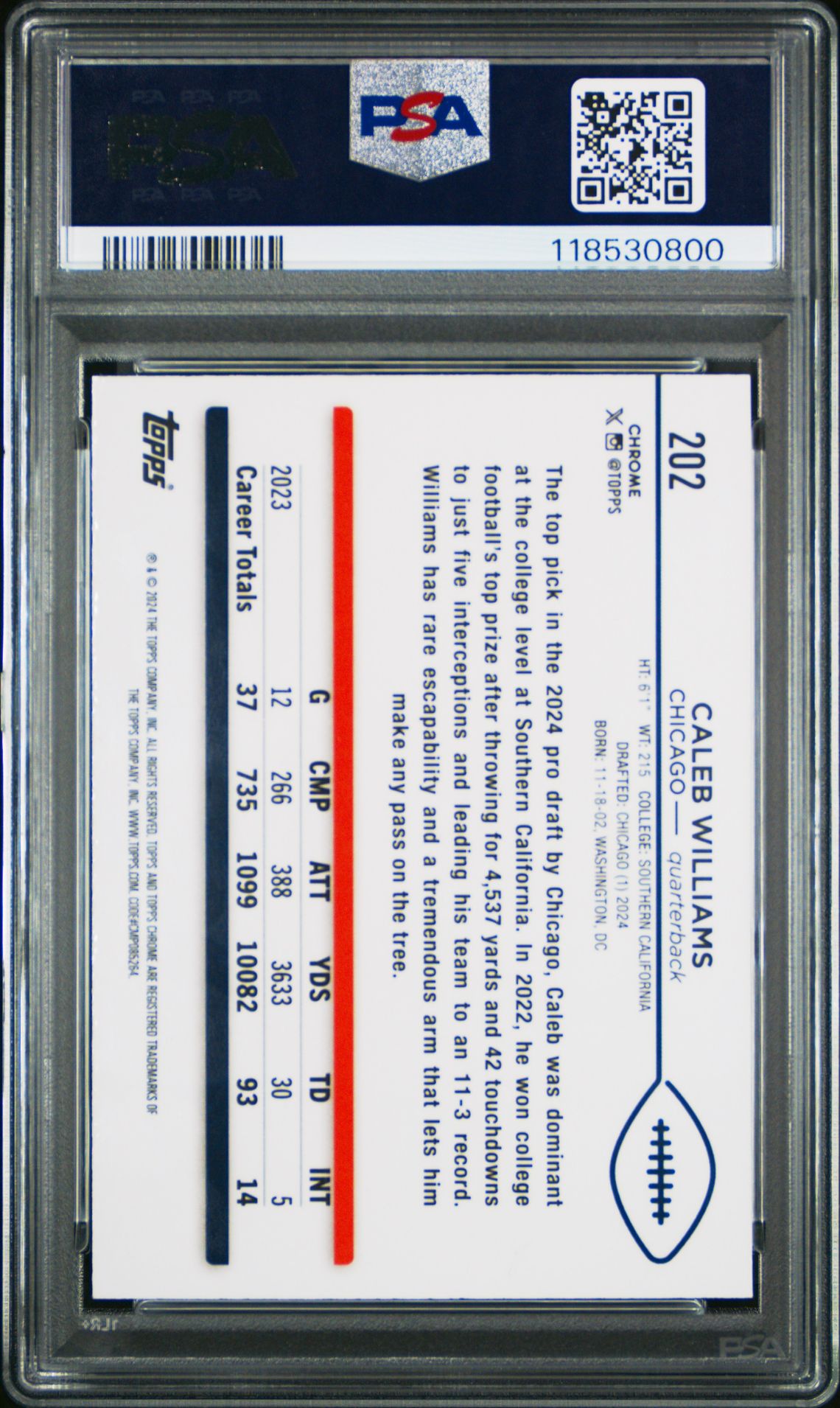 2024 Topps Chrome Caleb Williams #202 (Negative Refractor) Mint 9 back