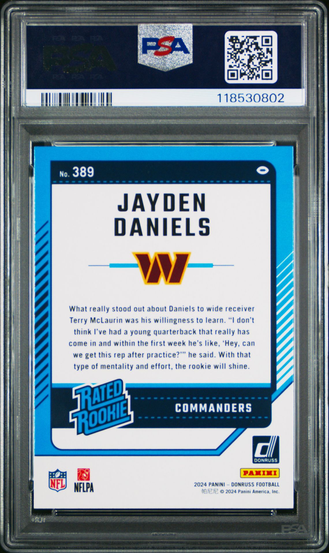 2024 Panini Donruss Jayden Daniels #389 (Press Proof Blue) Mint 9 back