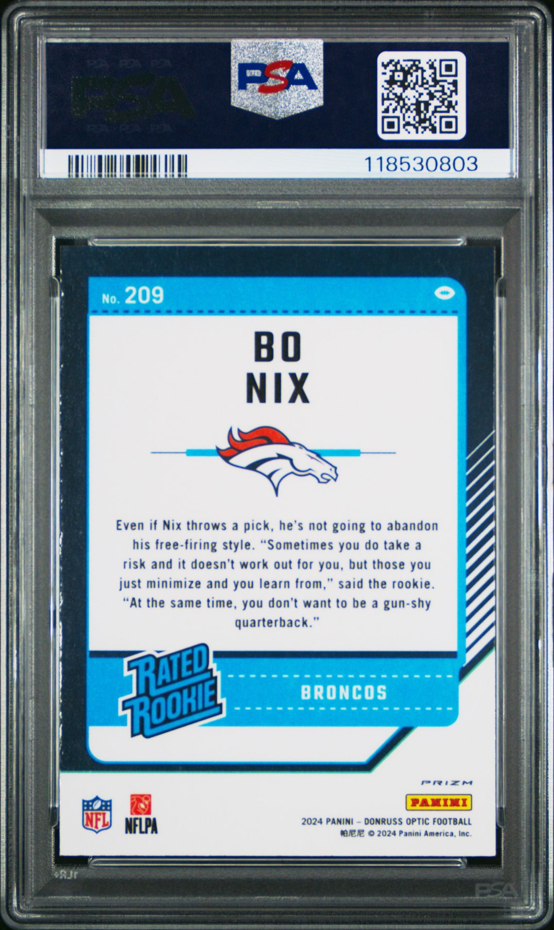 2024 Panini Donruss Optic Bo Nix #209 (Purple Shock) Gem Mt 10 back