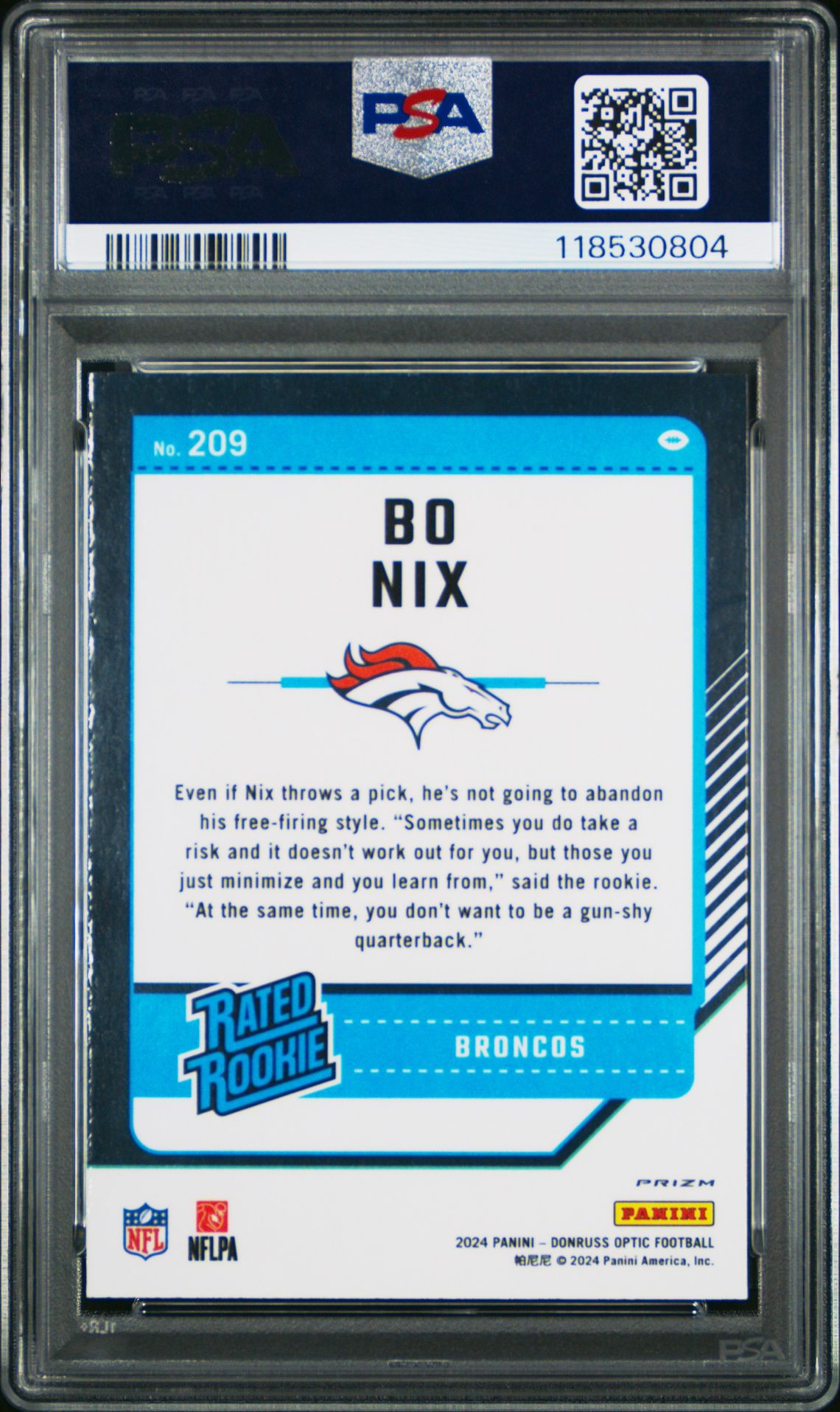 2024 Panini Donruss Optic Bo Nix #209 (Purple Shock) Gem Mt 10 back