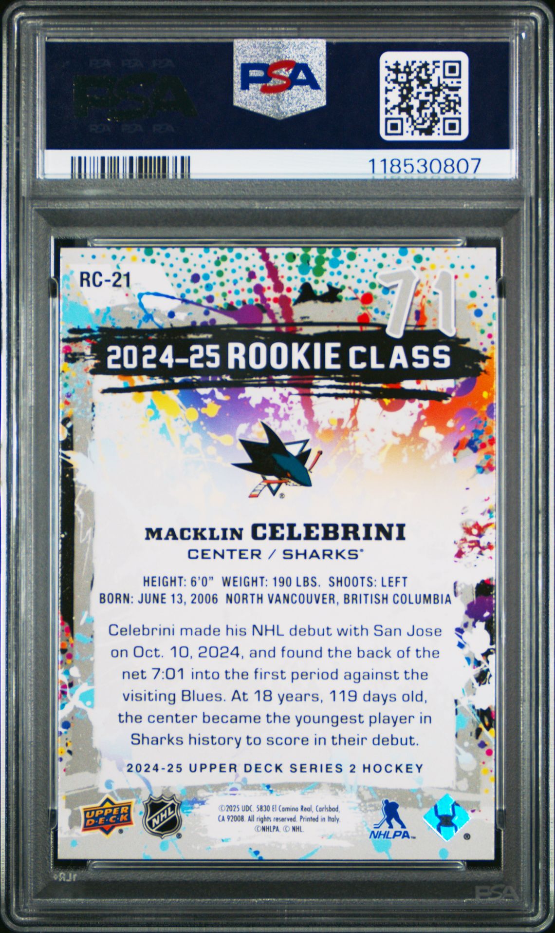 2024 Upper Deck Rookie Commemorative Class Macklin Celebrini #Rc21 Gem Mt 10 back