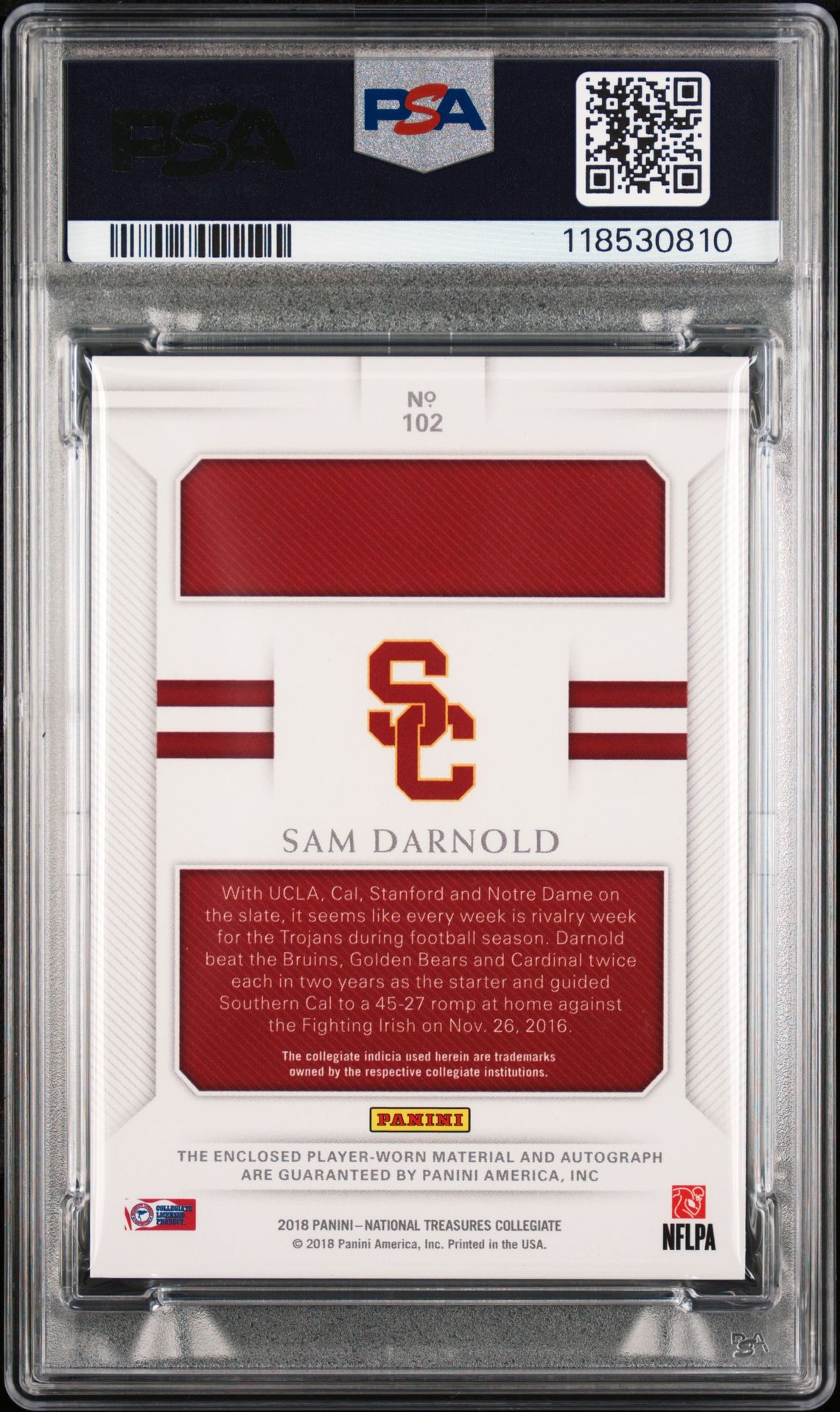 2018 Panini National Treasures Collegiate Sam Darnold #102 (Silhouettes-Material Sig.) Mint 9 back