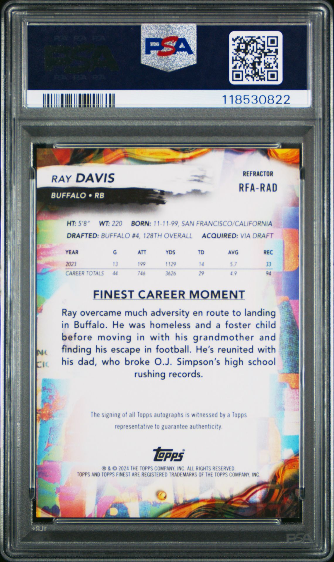 2024 Topps Finest Rookie Finest Autographs Ray Davis #Rfarad (Rookie Finest Au-Refractor) Gem Mt 10 back
