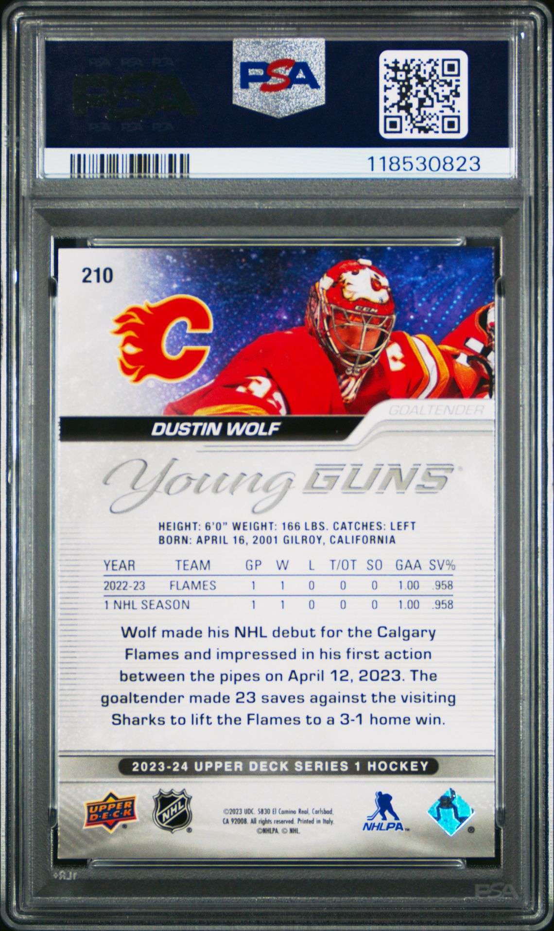 2023 Upper Deck Dustin Wolf #210 Gem Mt 10 back