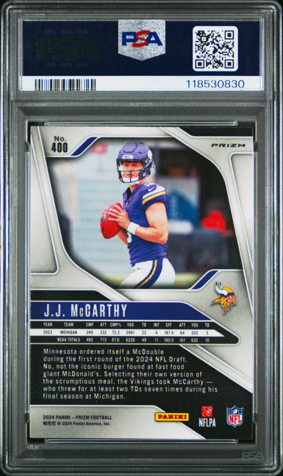 2024 Panini Prizm Jj Mccarthy #400 (Silver Prizm) Mint 9 back