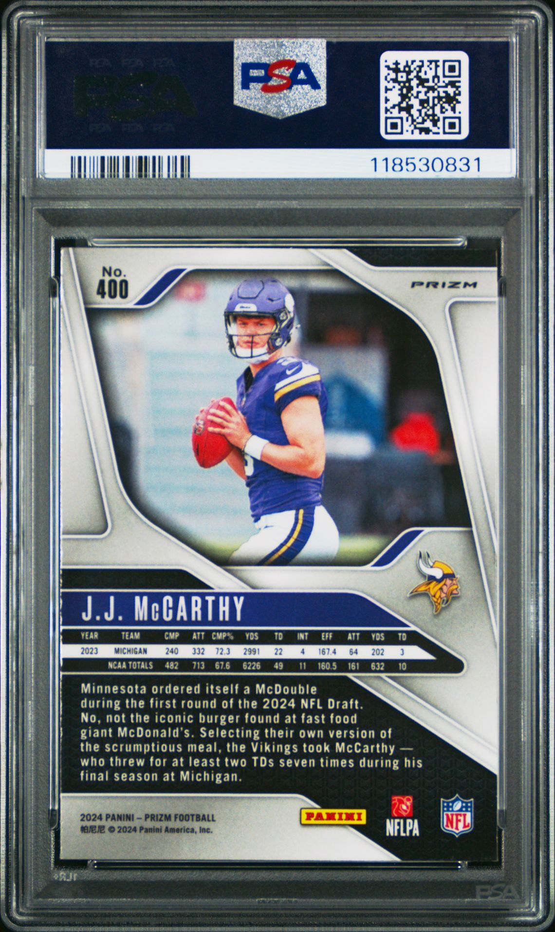 2024 Panini Prizm Jj Mccarthy #400 (Silver Prizm) Mint 9 back