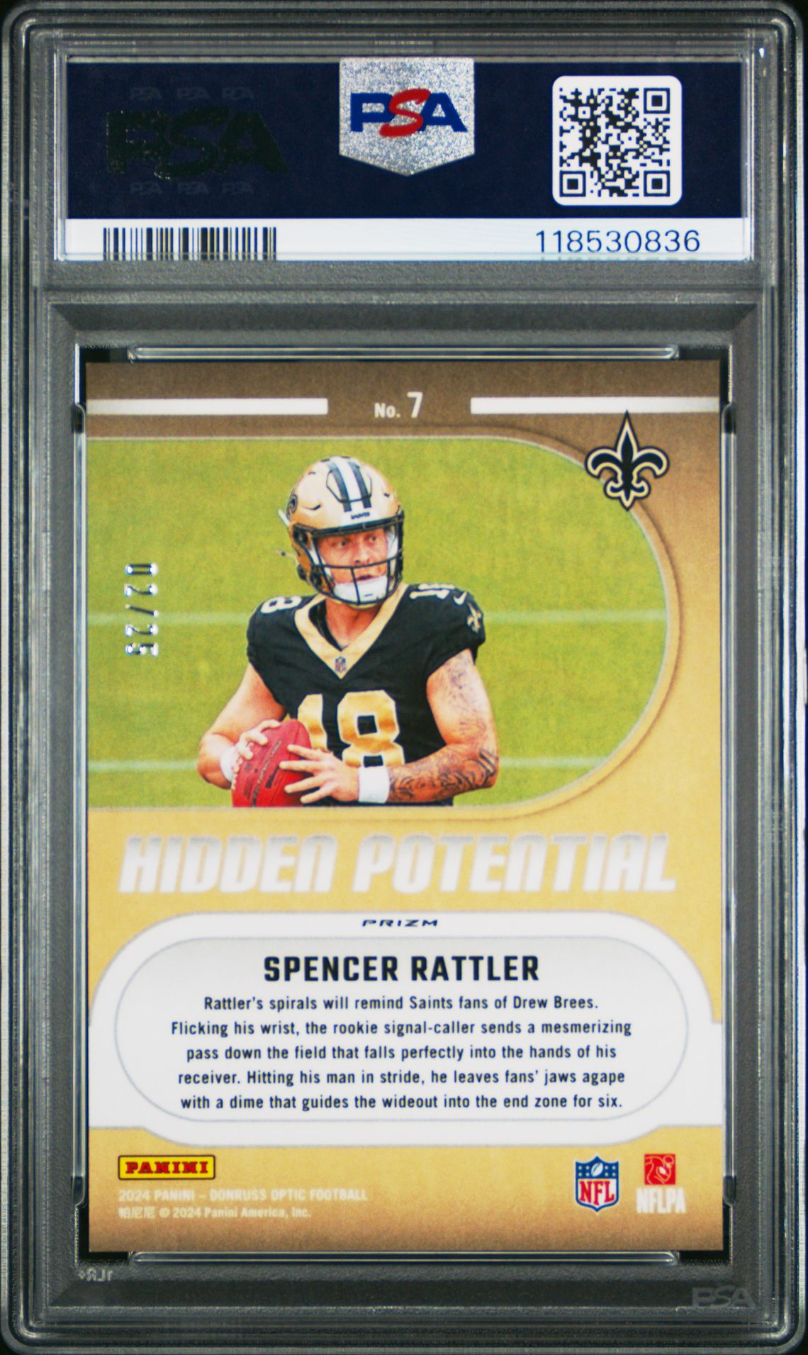 2024 Panini Donruss Optic Hidden Potential Spencer Rattler #7 (Hp-Black Pandora) Gem Mt 10 back