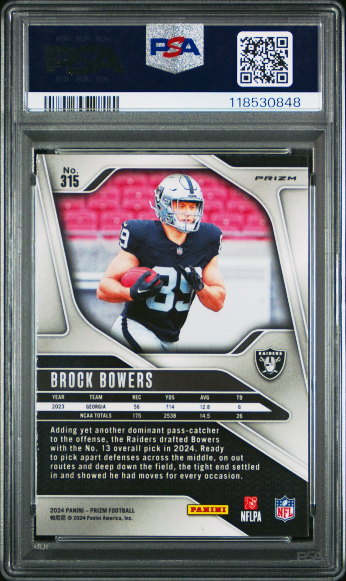 2024 Panini Prizm Brock Bowers #315 (Red/White/Blue Prizm) Gem Mt 10 back