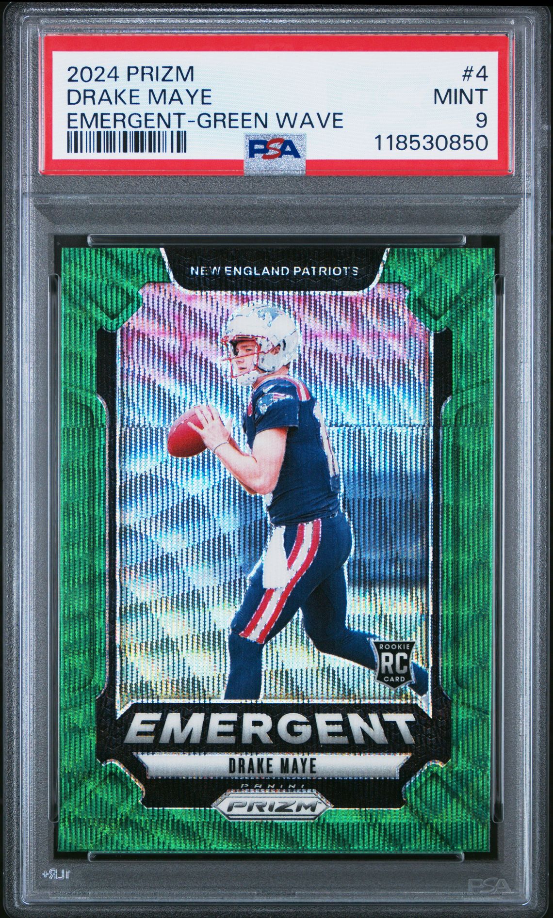 2024 Panini Prizm Emergent Drake Maye #4 (Emergent-Green Wave) Mint 9 front