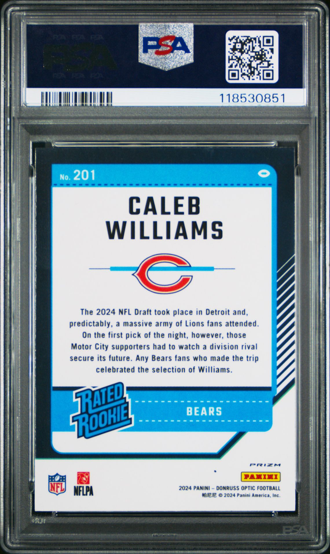 2024 Panini Donruss Optic Caleb Williams #201 (Purple Shock) Gem Mt 10 back