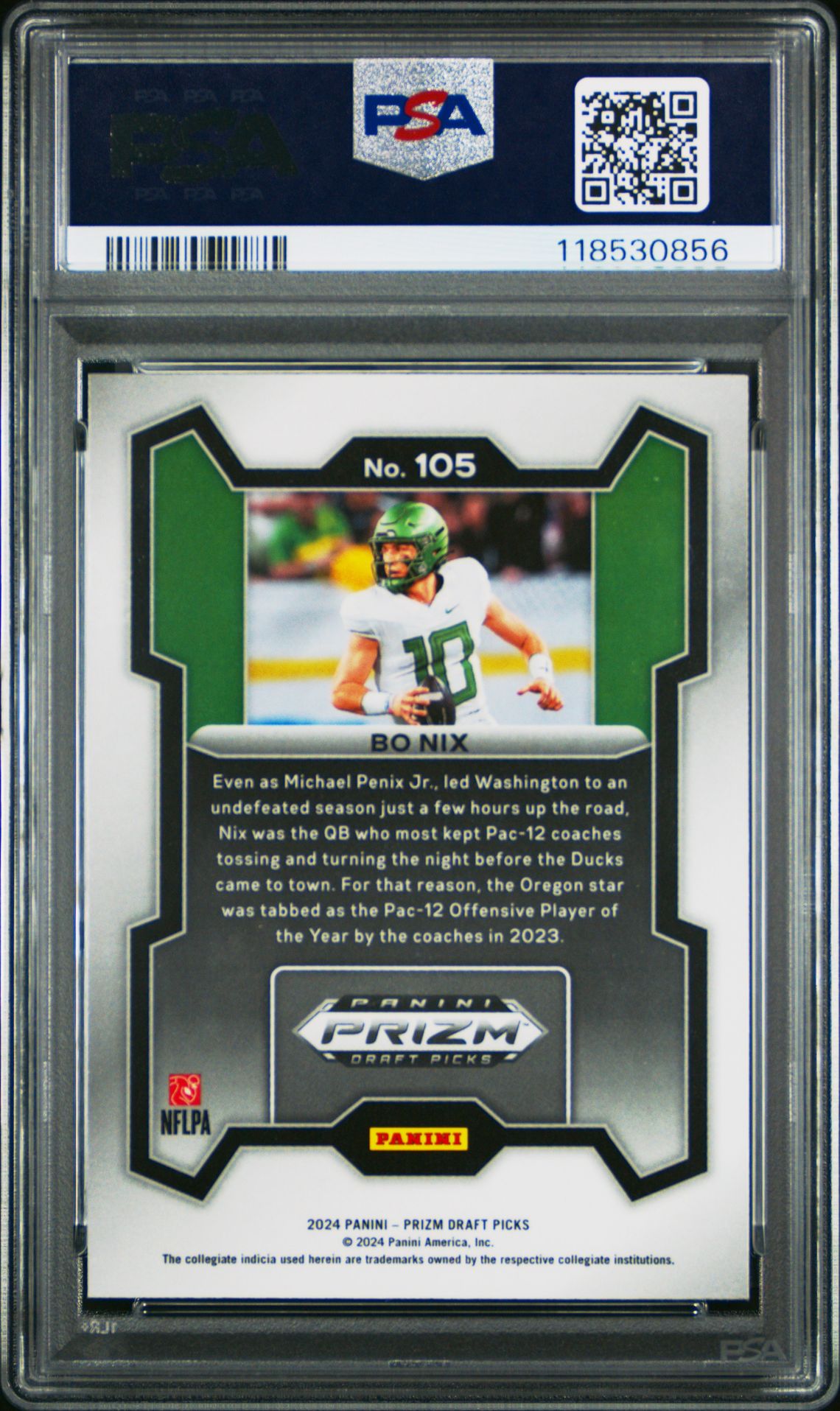 2024 Panini Prizm Draft Picks Bo Nix #105 Gem Mt 10 back