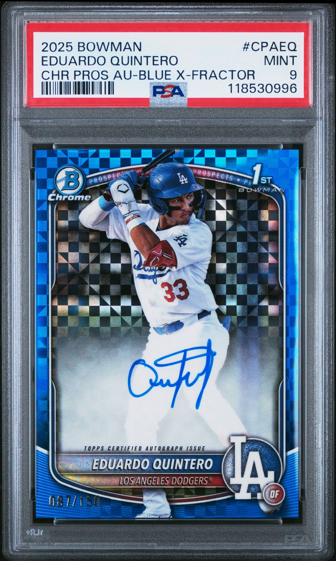 2025 Bowman Chrome Prospect Autographs Eduardo Quintero #Cpaeq (Chr Pros Au-Blue X-Fractor) Mint 9 front