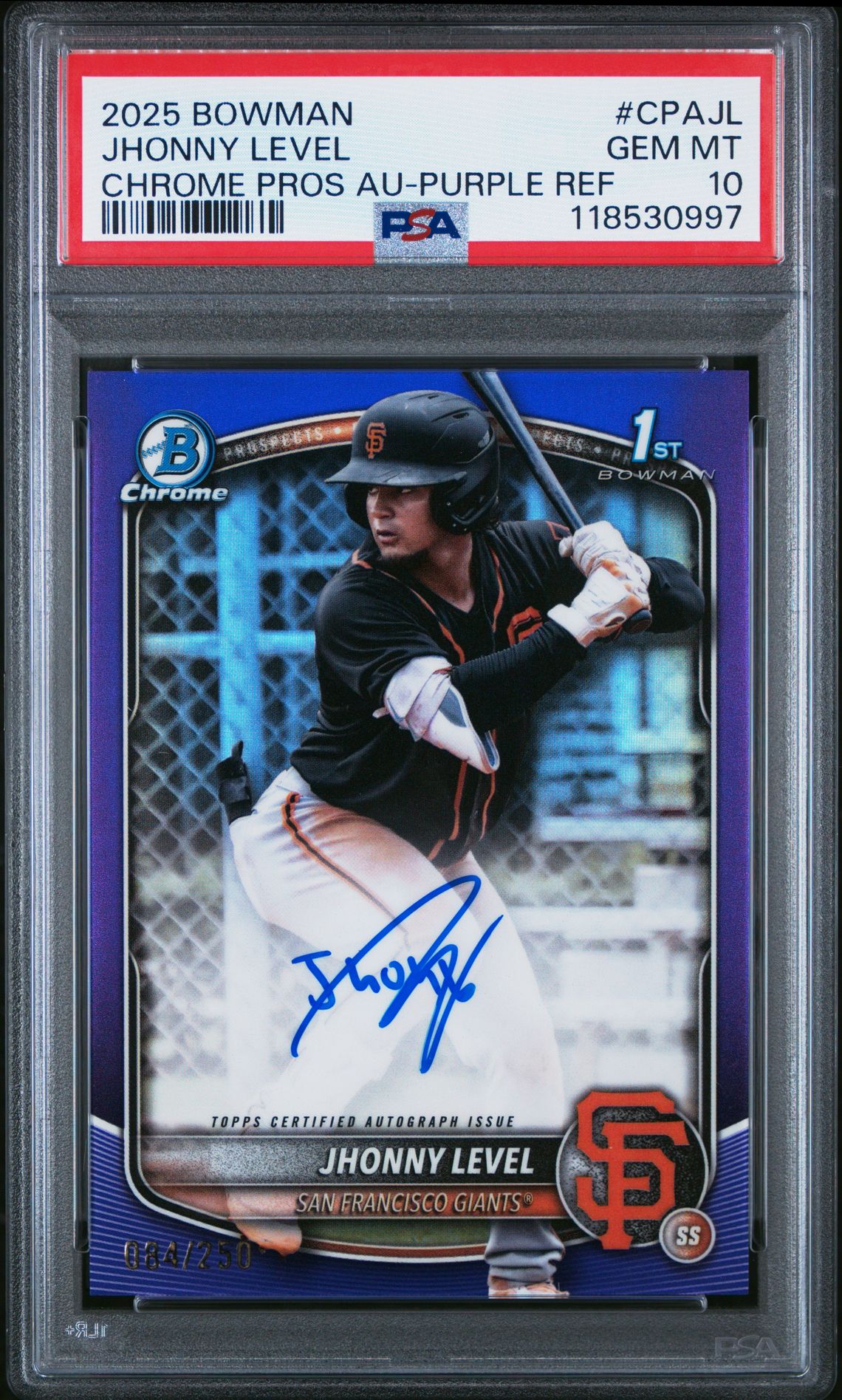 2025 Bowman Chrome Prospect Autographs Jhonny Level #Cpajl (Chrome Pros Au-Purple Ref) Gem Mt 10 front