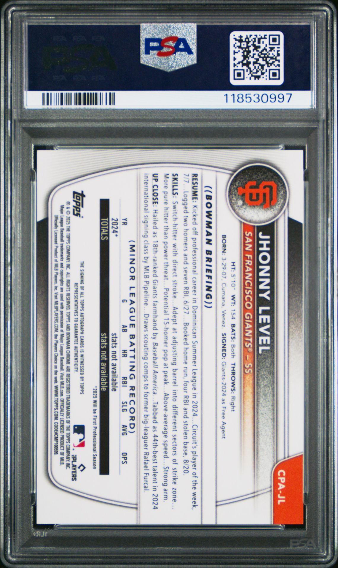 2025 Bowman Chrome Prospect Autographs Jhonny Level #Cpajl (Chrome Pros Au-Purple Ref) Gem Mt 10 back