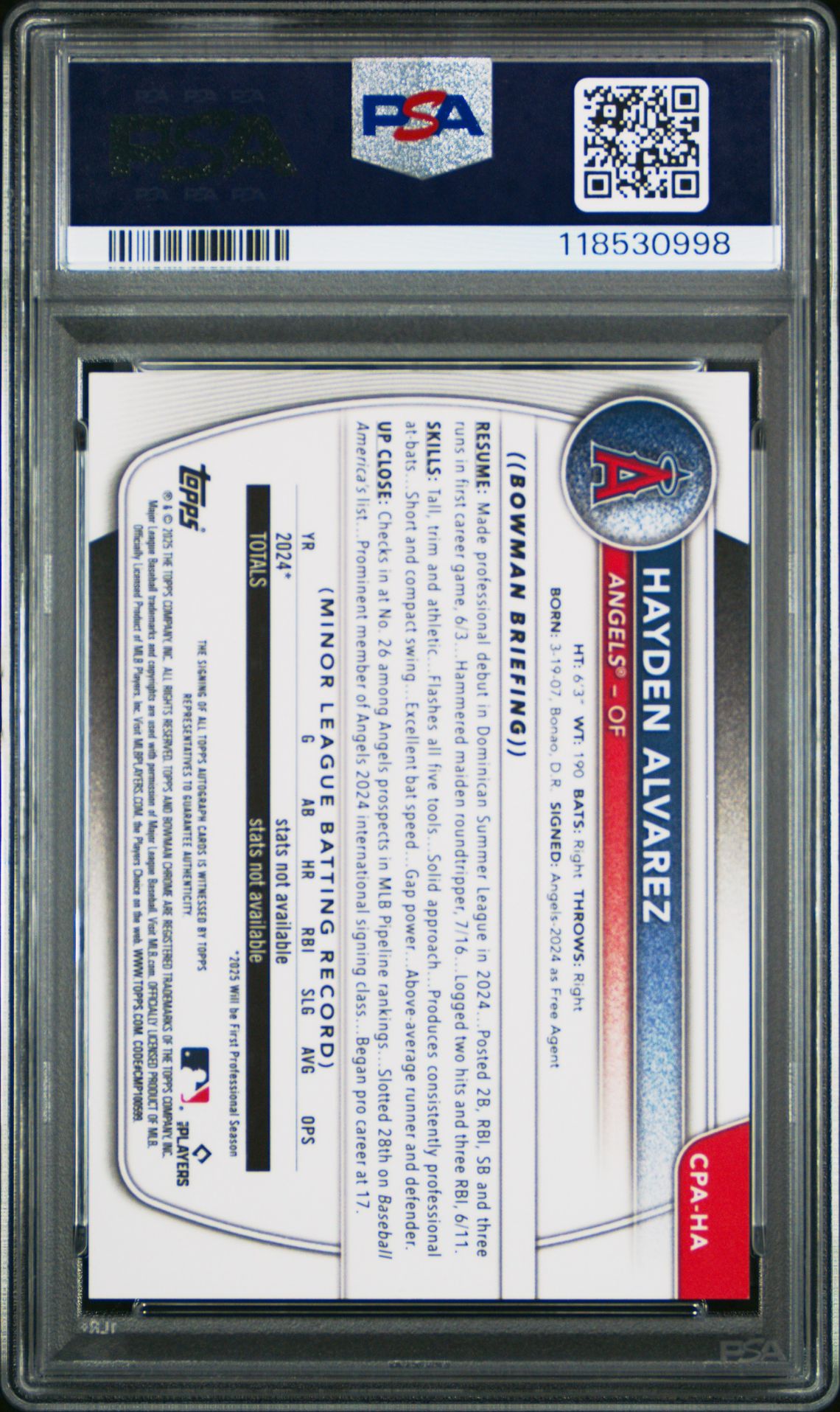 2025 Bowman Chrome Prospect Autographs Hayden Alvarez #Cpaha (Chrome Pros Au-Speckle Ref) Gem Mt 10 back