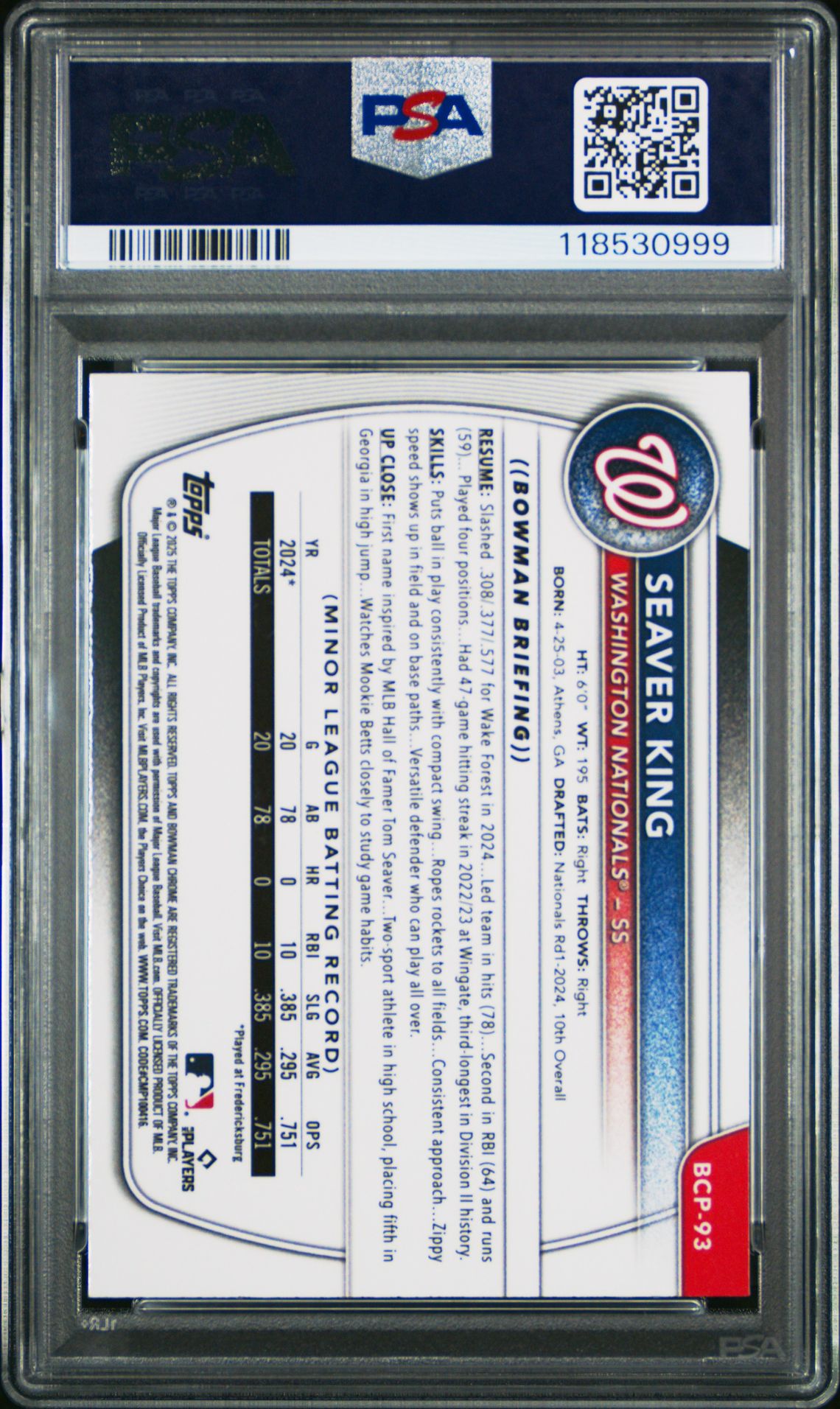 2025 Bowman Chrome Prospects Seaver King #Bcp93 (Chrome Pros-Yellow Wave) Gem Mt 10 back