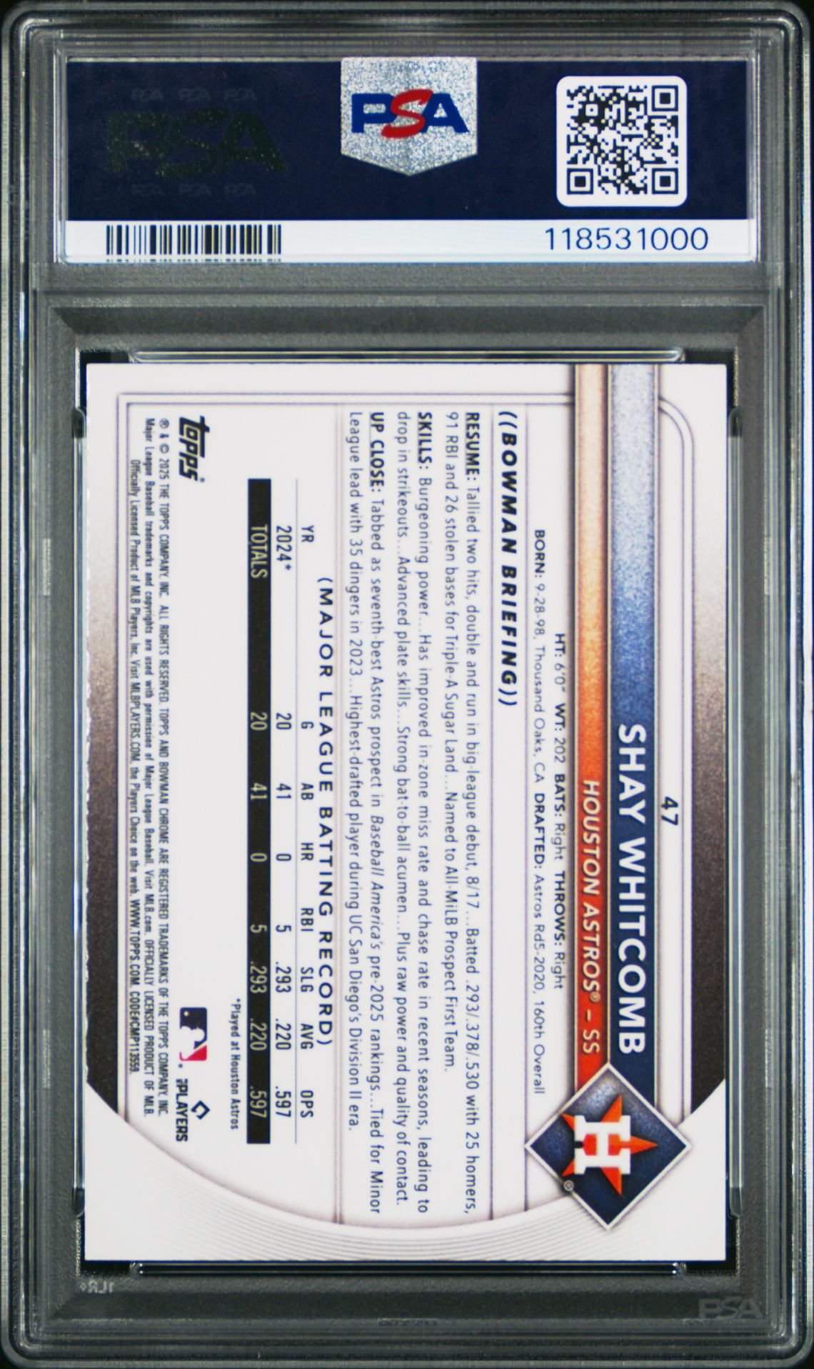 2025 Bowman Shay Whitcomb #47 (Red Rookie Redemption) Gem Mt 10 back