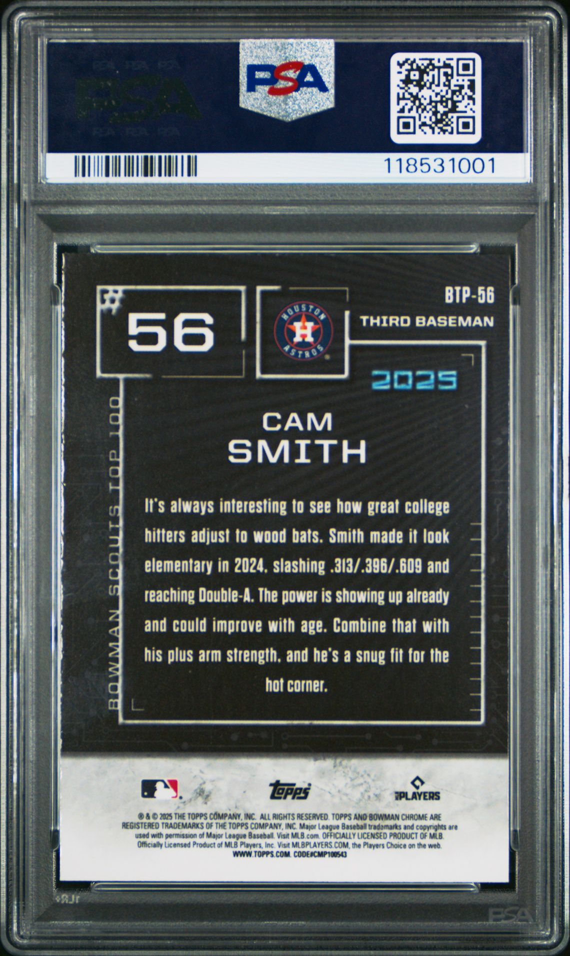 2025 Bowman Scouts' Top 100 Cam Smith #Btp56 Gem Mt 10 back