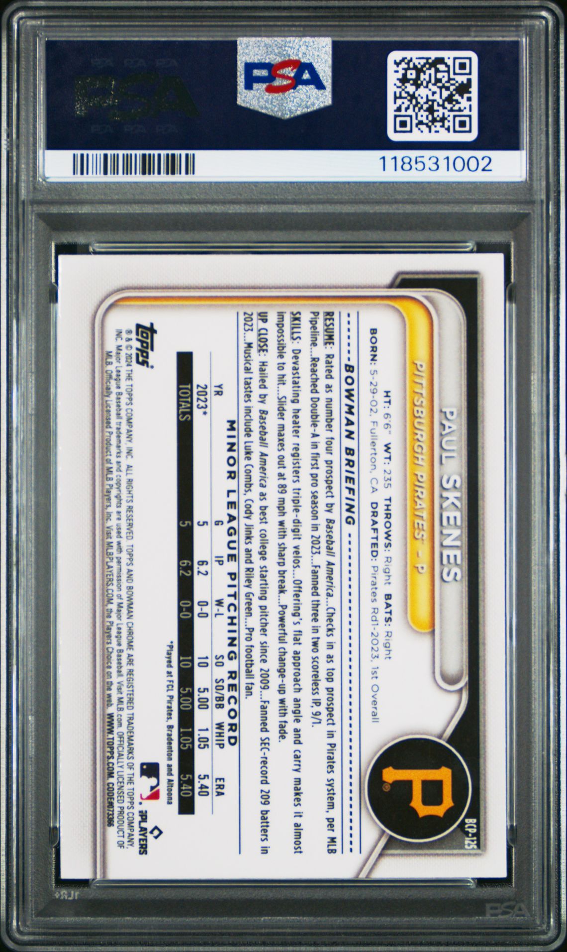 2024 Bowman Mega Box Chrome Prospects Paul Skenes #125 Gem Mt 10 back