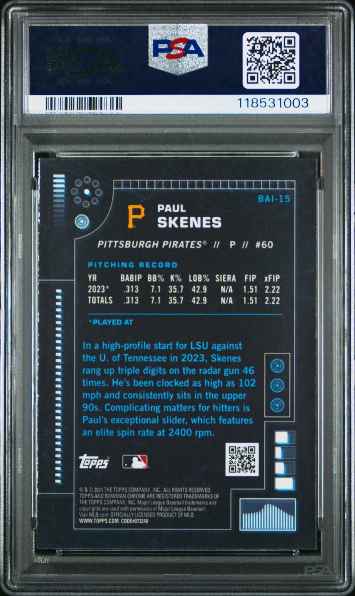 2024 Bowman Bowman Ai Paul Skenes #Bai15 Gem Mt 10 back