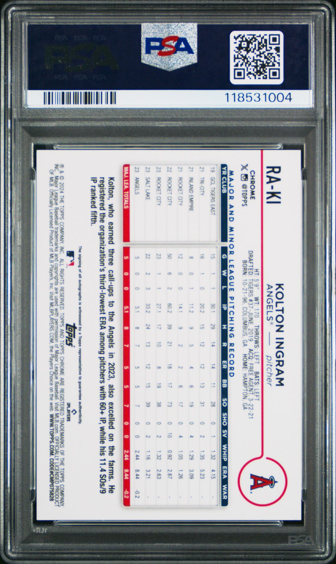 2024 Topps Chrome Update Chrome Baseball Update Series Autographs Kolton Ingram #Raki (Autograph-Blue Raywave) Gem Mt 10 back