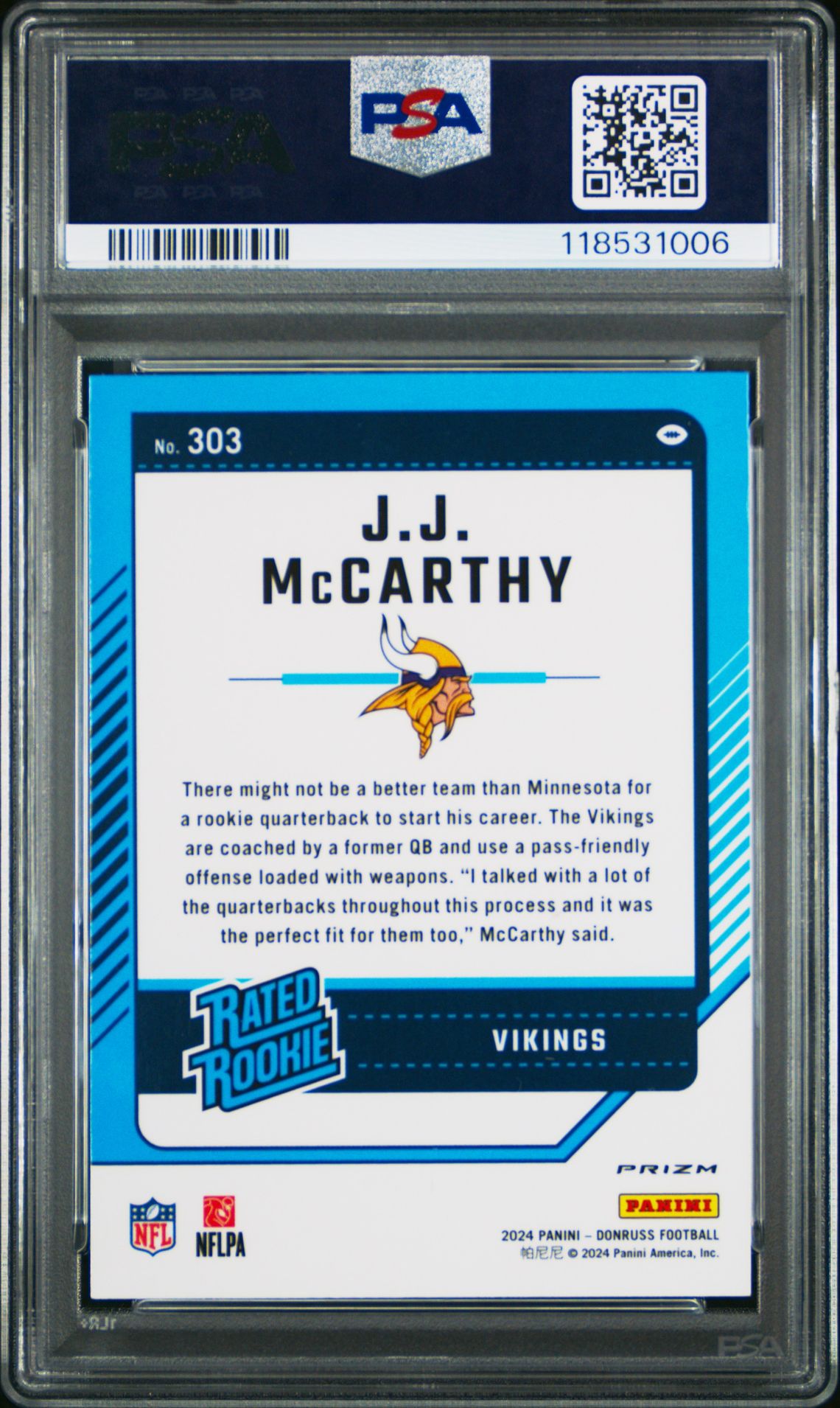 2024 Panini Donruss Jj Mccarthy #303 (Optic Preview-Blue Scope) Mint 9 back