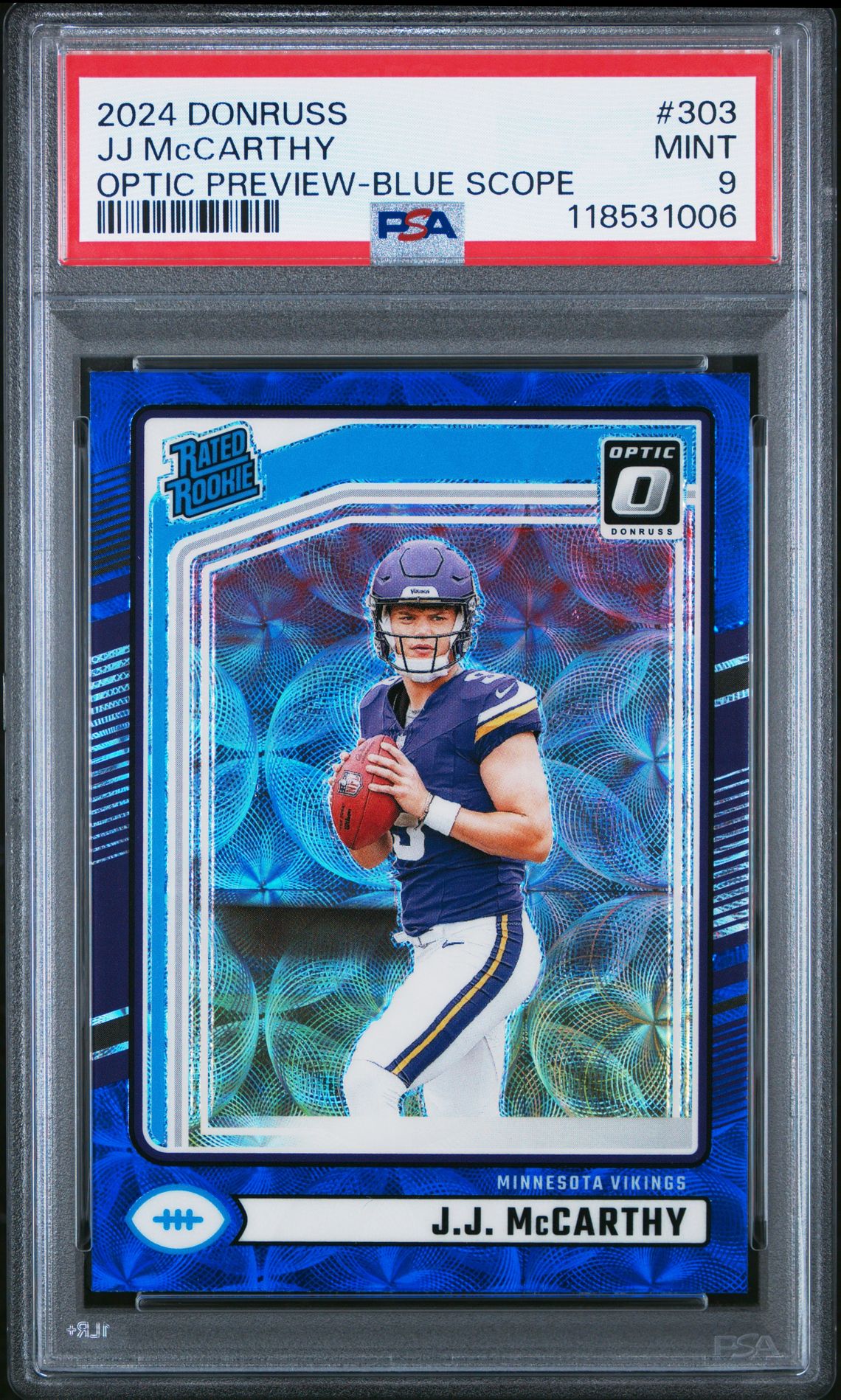 2024 Panini Donruss Jj Mccarthy #303 (Optic Preview-Blue Scope) Mint 9 front