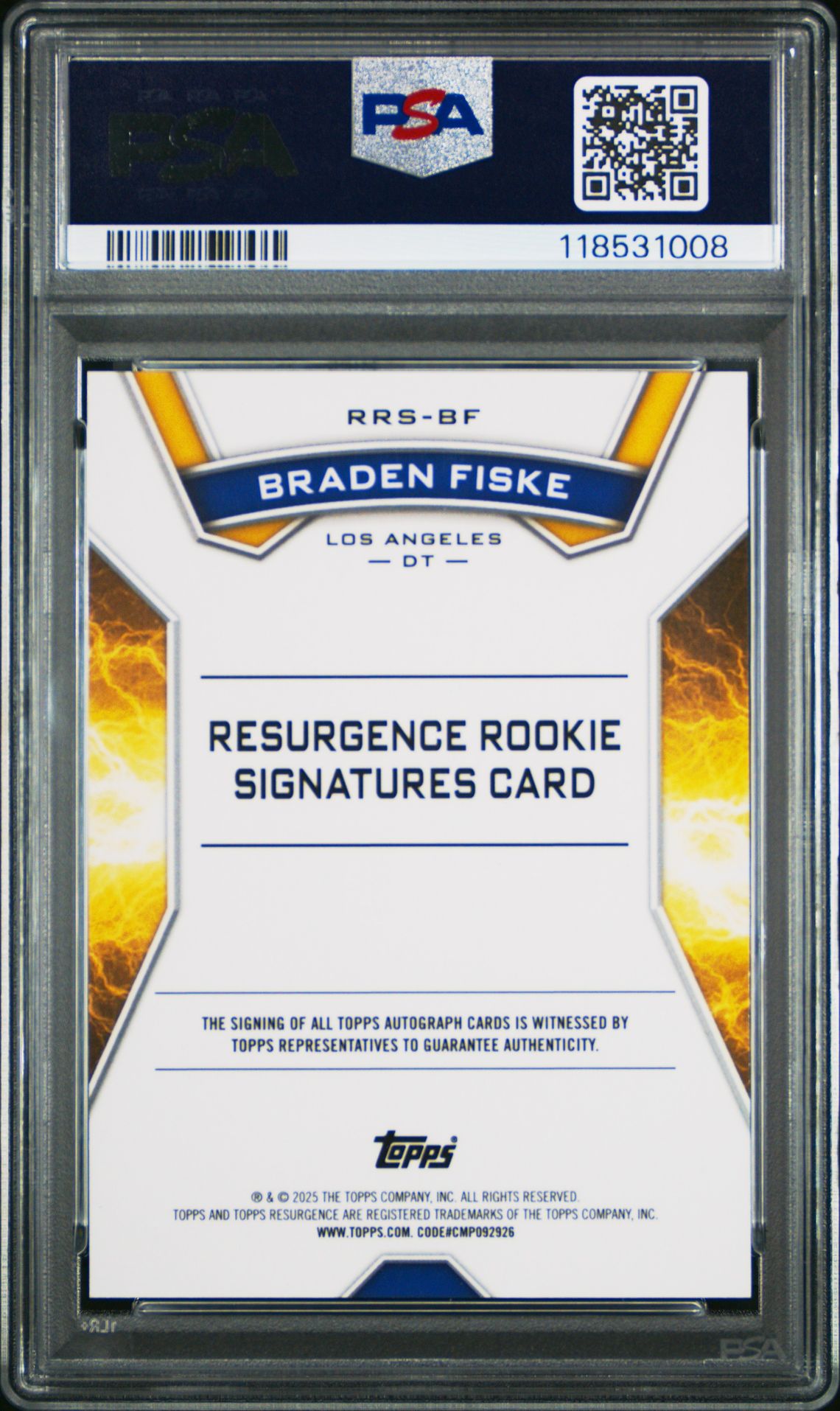 2024 Topps Resurgence Resurgence Rookie Signatures Braden Fiske #Rrsbf (Rr Sig-Aqua Surge) Gem Mt 10 back