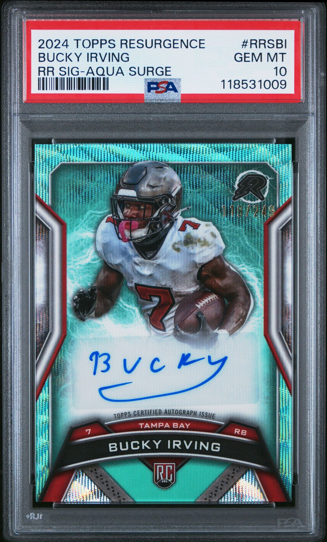 2024 Topps Resurgence Resurgence Rookie Signatures Bucky Irving #Rrsbi (Rr Sig-Aqua Surge) Gem Mt 10 front