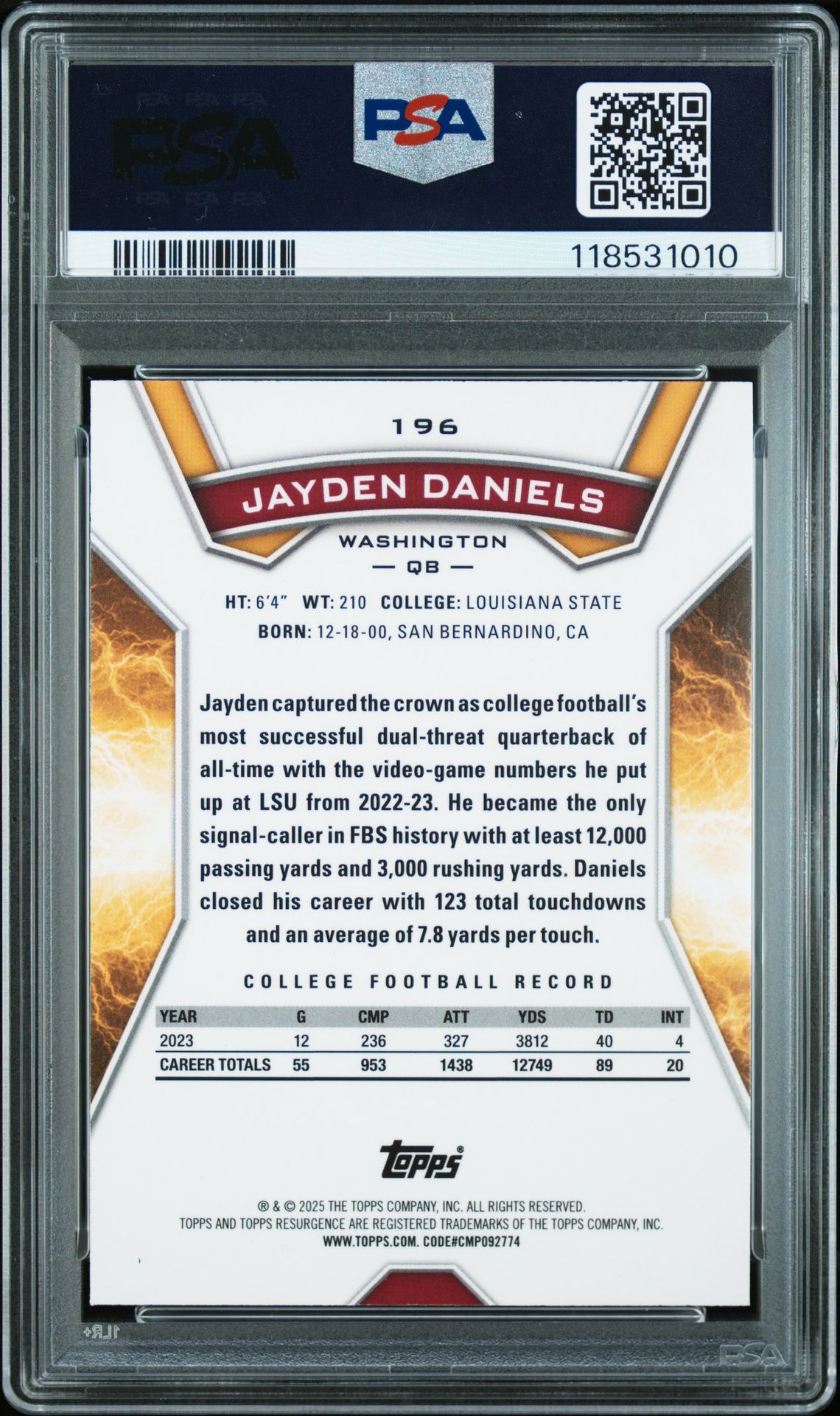 2024 Topps Resurgence Jayden Daniels #196 (Purple Surge) Mint 9 back