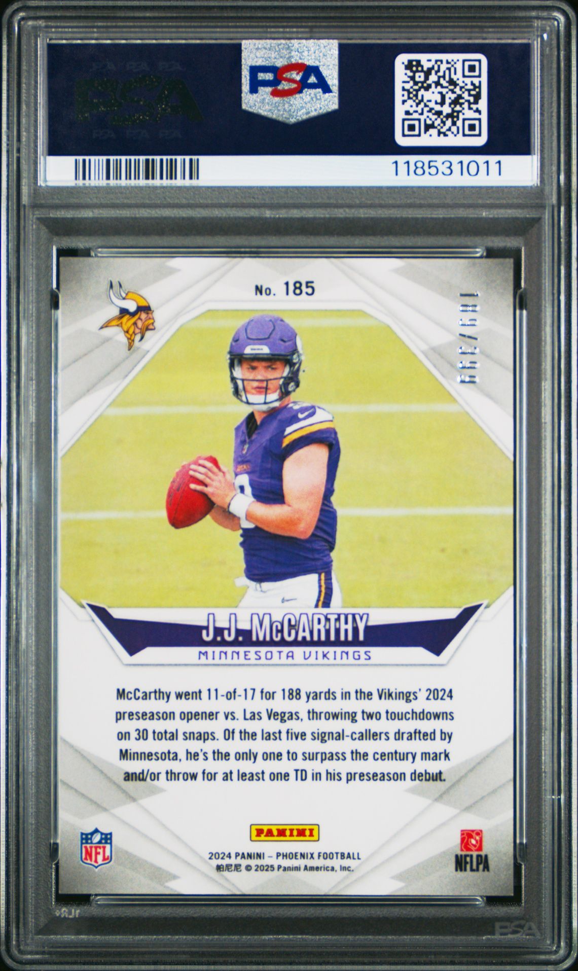 2024 Panini Phoenix Jj Mccarthy #185 (Phoenix) Mint 9 back