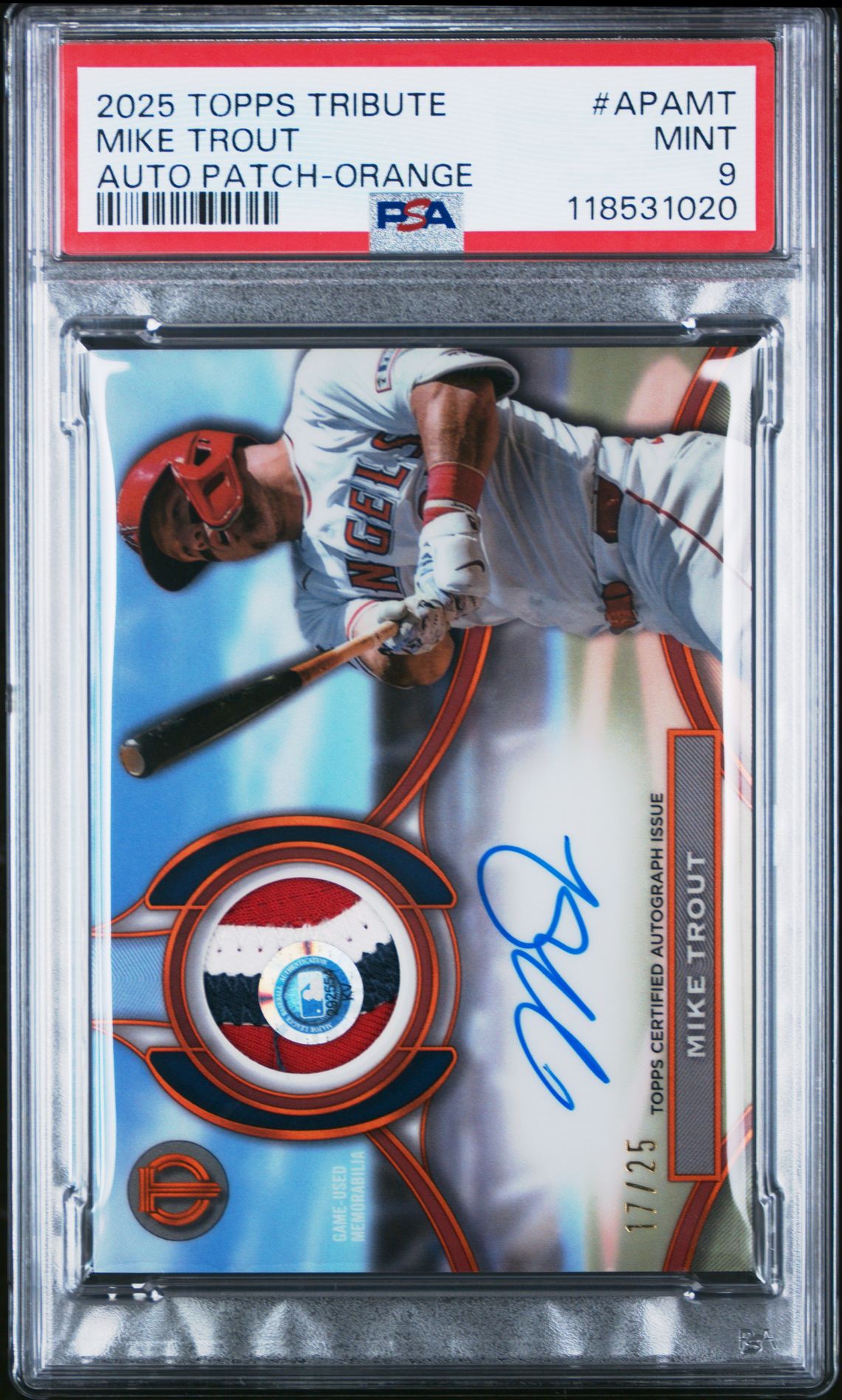 2025 Topps Tribute Autograph Patches Mike Trout #Apamt (Auto Patch-Orange) Mint 9 front