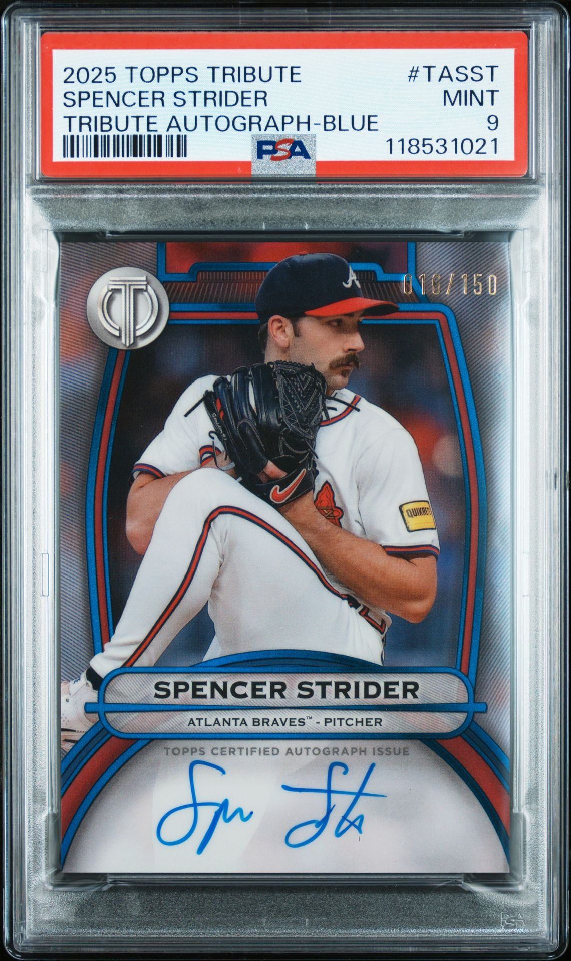 2025 Topps Tribute Tribute Autographs Spencer Strider #Tasst (Tribute Autograph-Blue) Mint 9 front