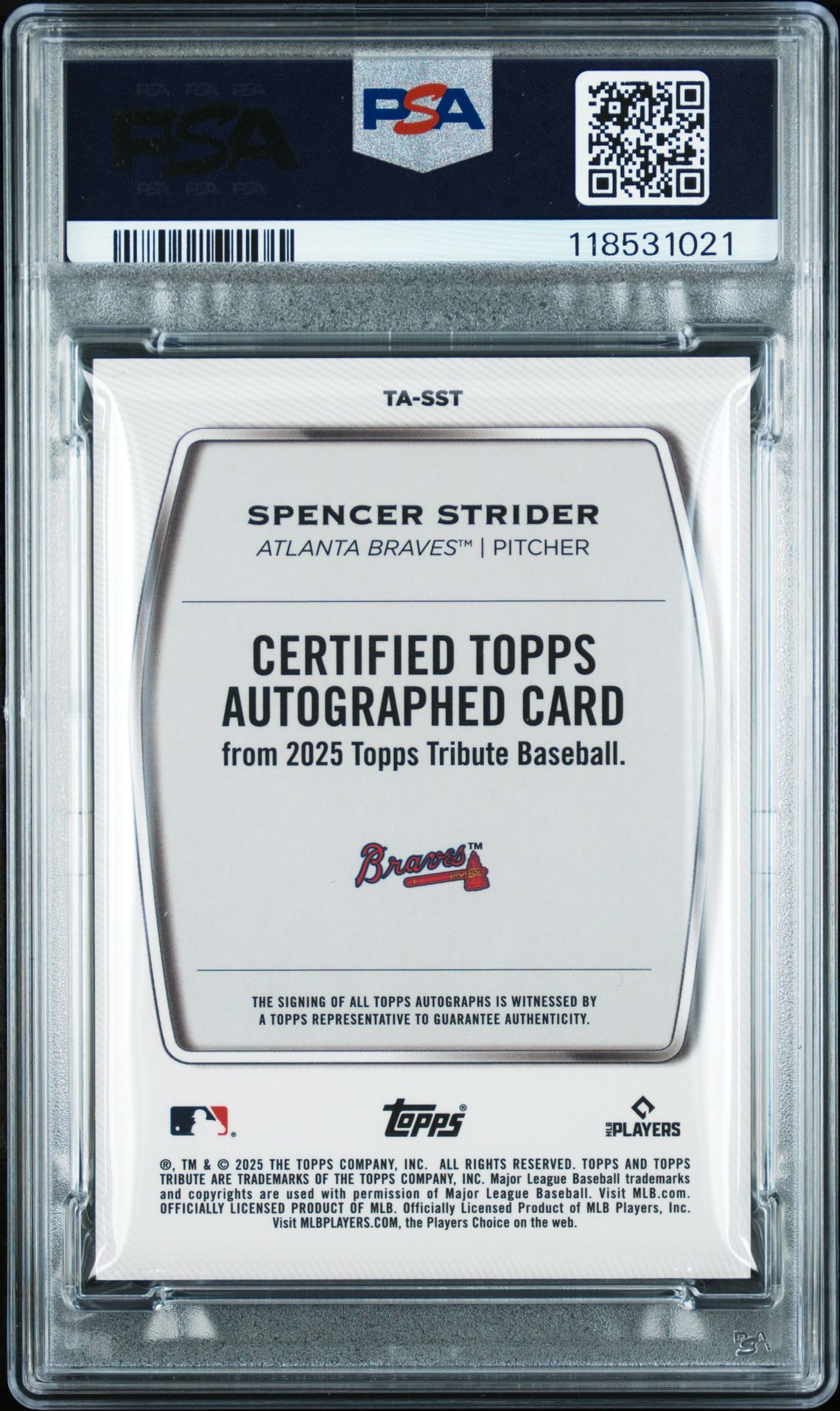 2025 Topps Tribute Tribute Autographs Spencer Strider #Tasst (Tribute Autograph-Blue) Mint 9 back