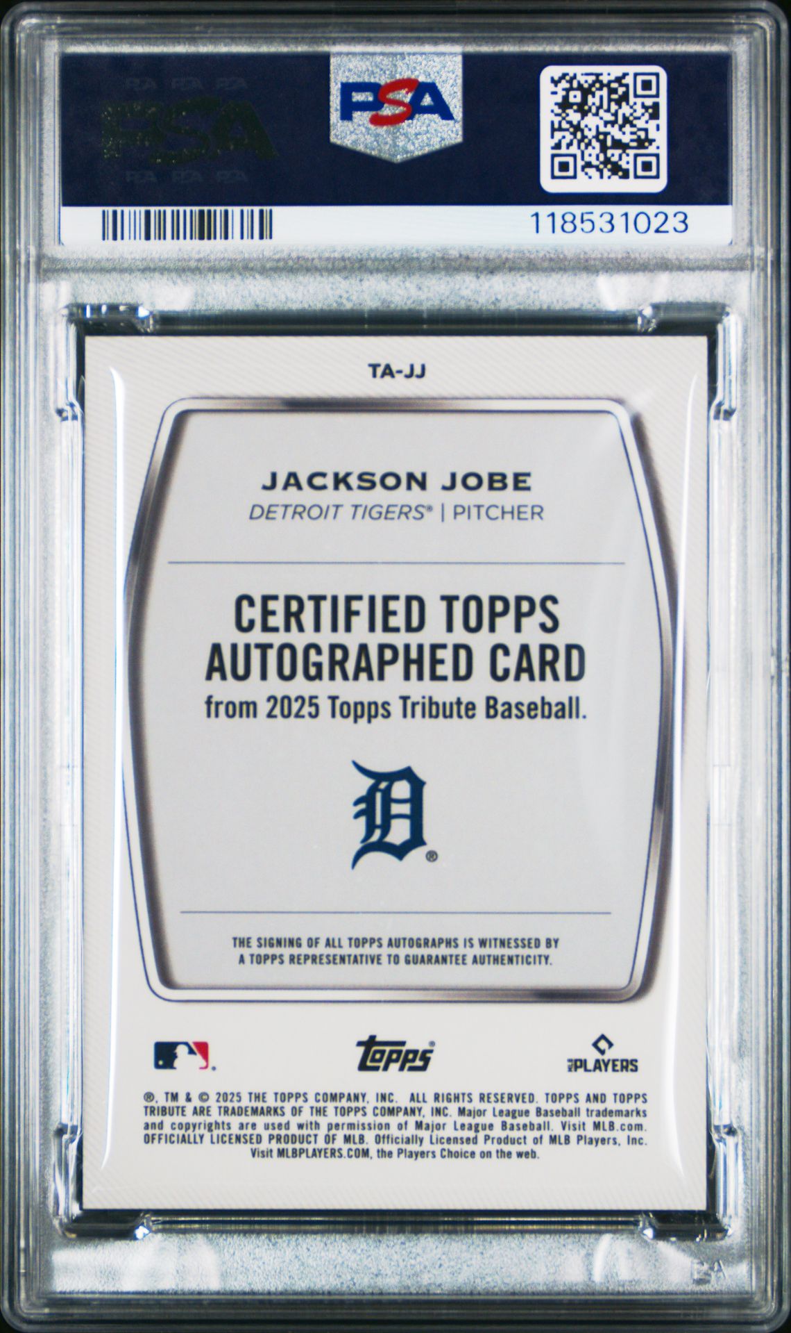 2025 Topps Tribute Tribute Autographs Jackson Jobe #Tajj Mint 9 back