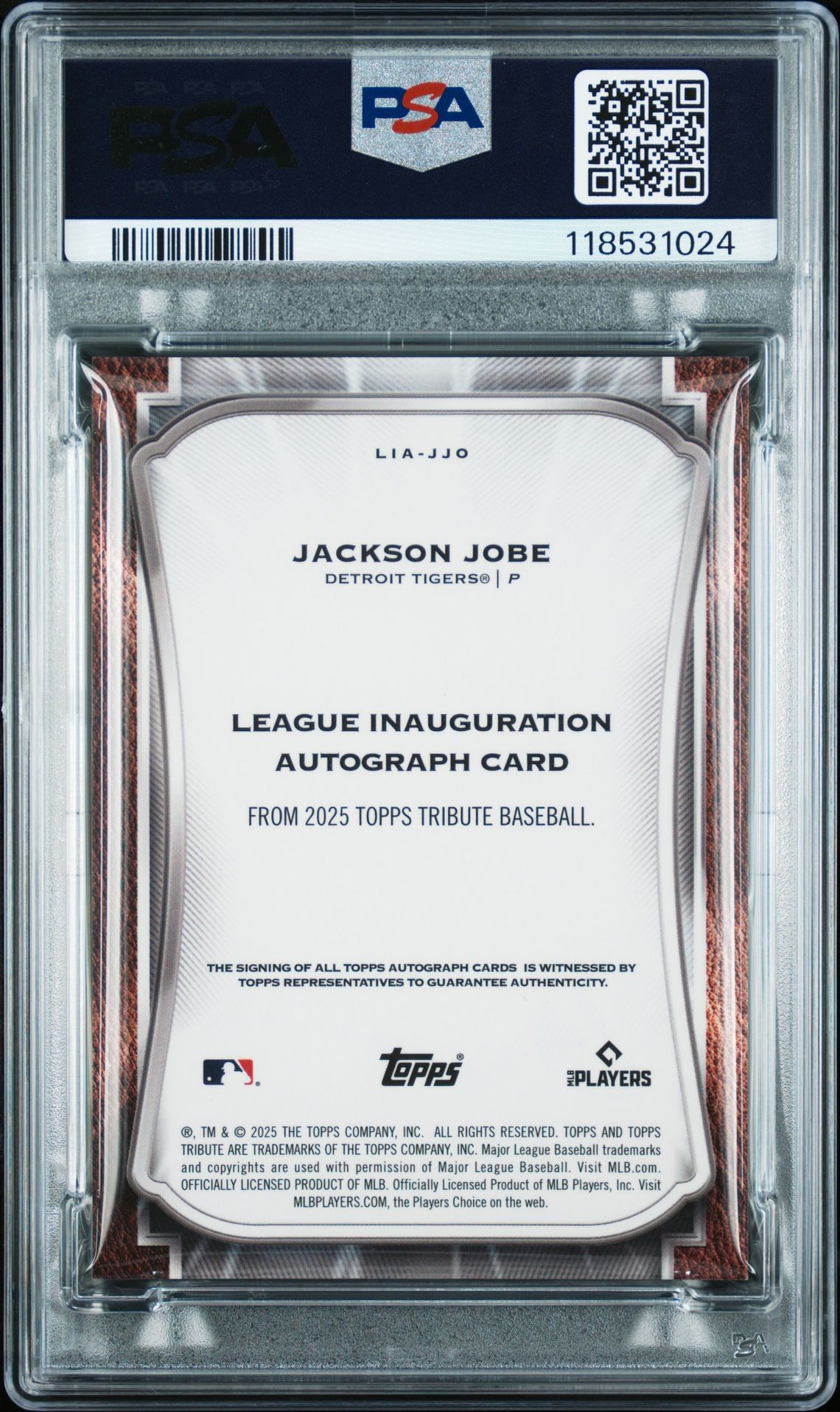 2025 Topps Tribute League Inauguration Autographs Jackson Jobe #Liajjo Gem Mt 10 back