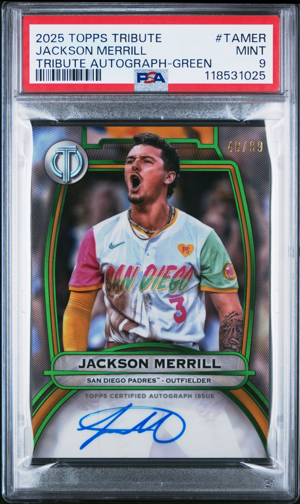 2025 Topps Tribute Tribute Autographs Jackson Merrill #Tamer (Tribute Autograph-Green) Mint 9 front