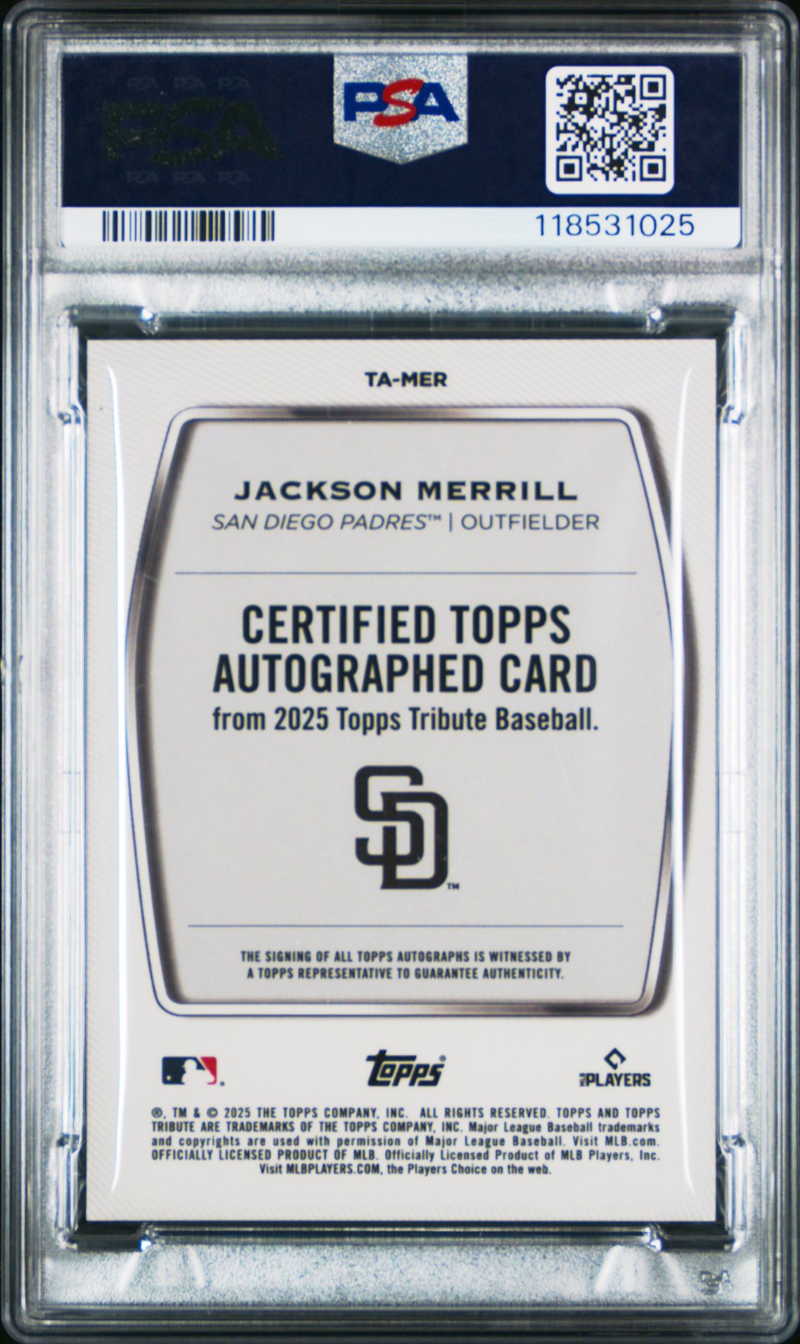 2025 Topps Tribute Tribute Autographs Jackson Merrill #Tamer (Tribute Autograph-Green) Mint 9 back