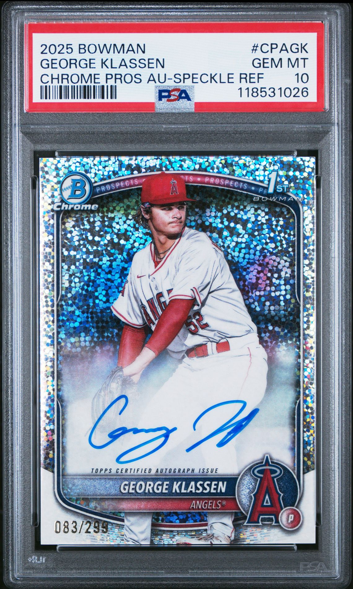2025 Bowman Chrome Prospect Autographs George Klassen #Cpagk (Chrome Pros Au-Speckle Ref) Gem Mt 10 front view - PSA graded GEM MT 10